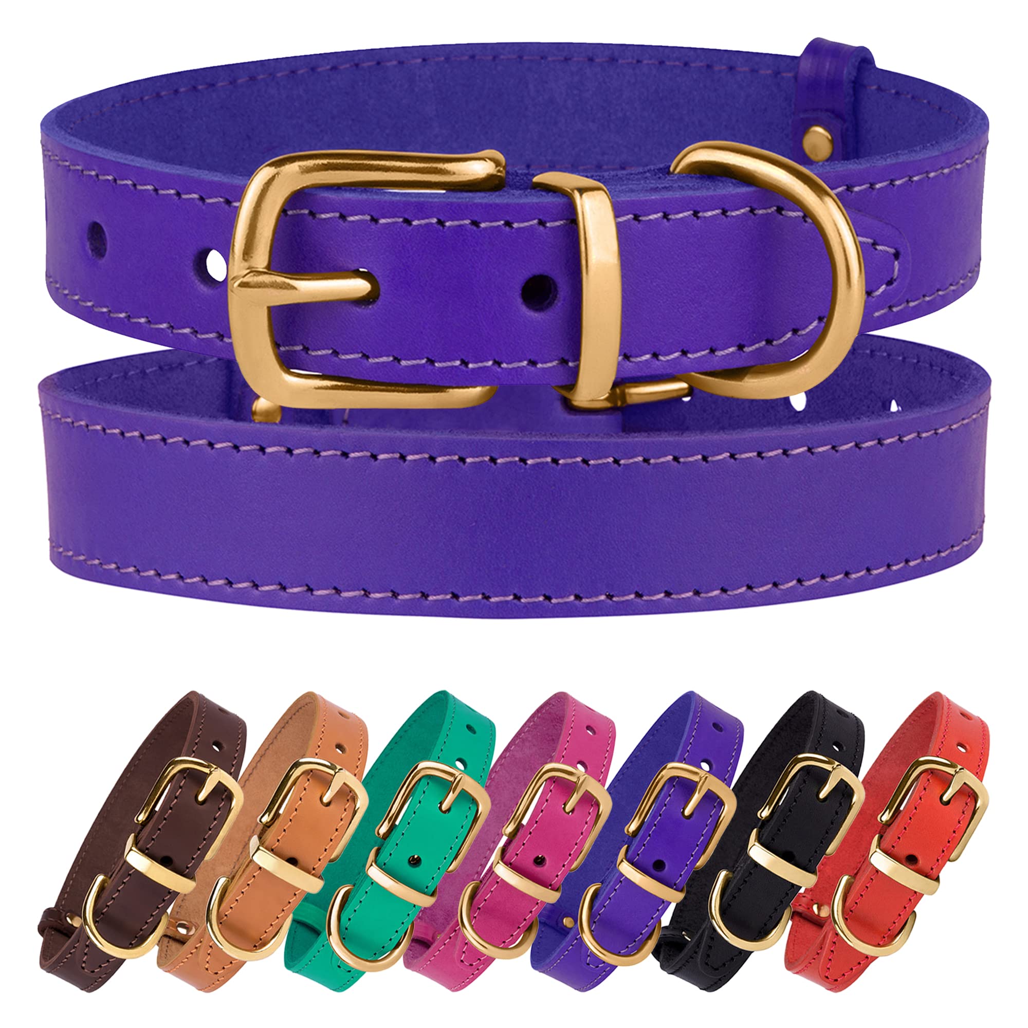 Bronzedog Leather Dog Collar With Metal Buckle Durable Basic Pet Collars For Small Medium Large Dogs (14-17 Inch (Pack Of 1), Purple & Gold Buckle)