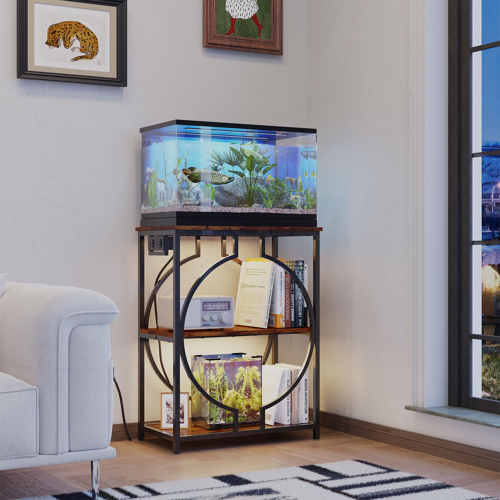 HavenlyYouth 10 Gallon Aquarium Stand with Power Outlet, 3 Tier Heavy Duty Metal Fish Tank Stand with Storage, Fish Tank Table f