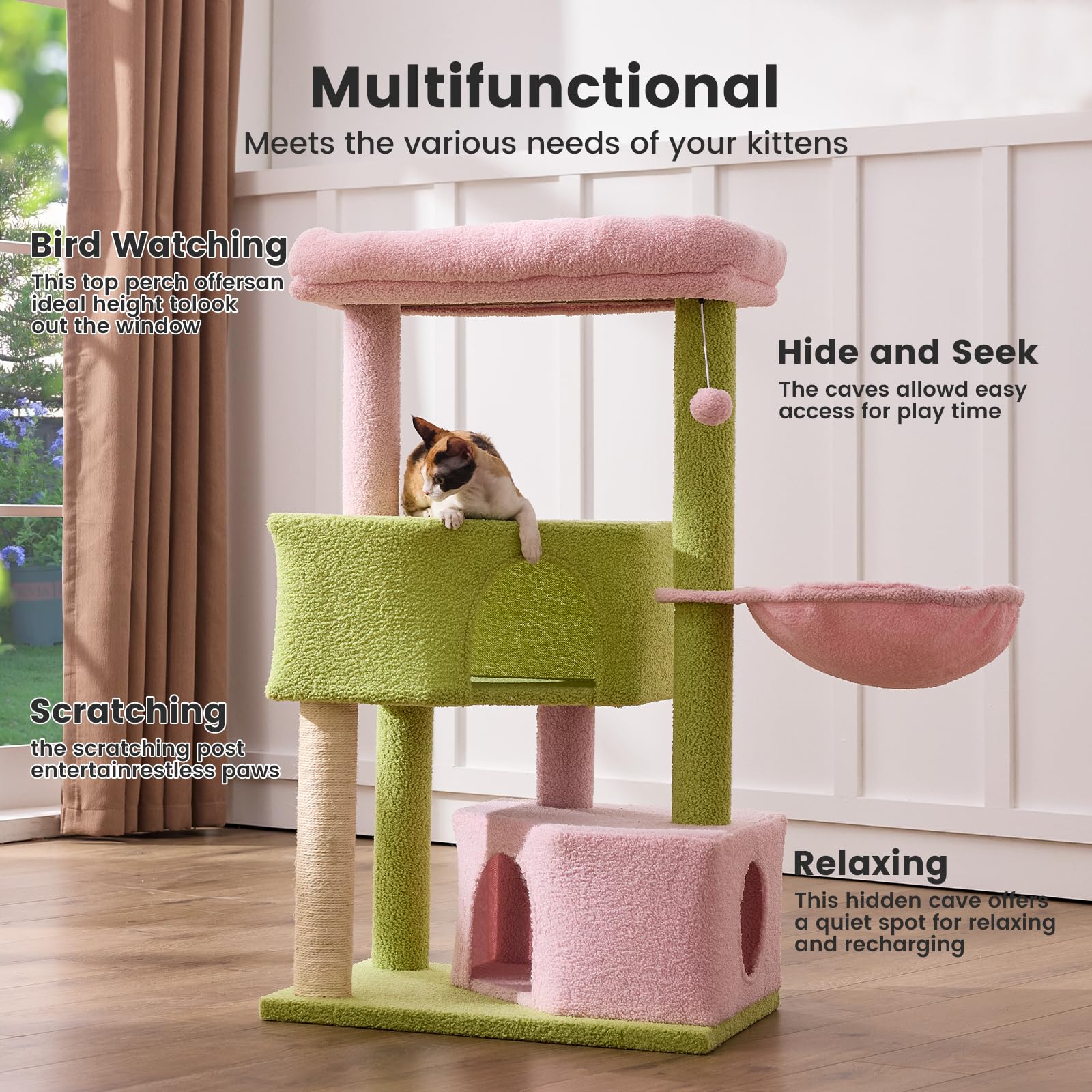 Gardner Pet 41 Tall Pink&Green Cat Tree for Medium-Large Cats, Heavy Duty Cat Tower with 2.8in Posts & Washable Top Perches, Spa