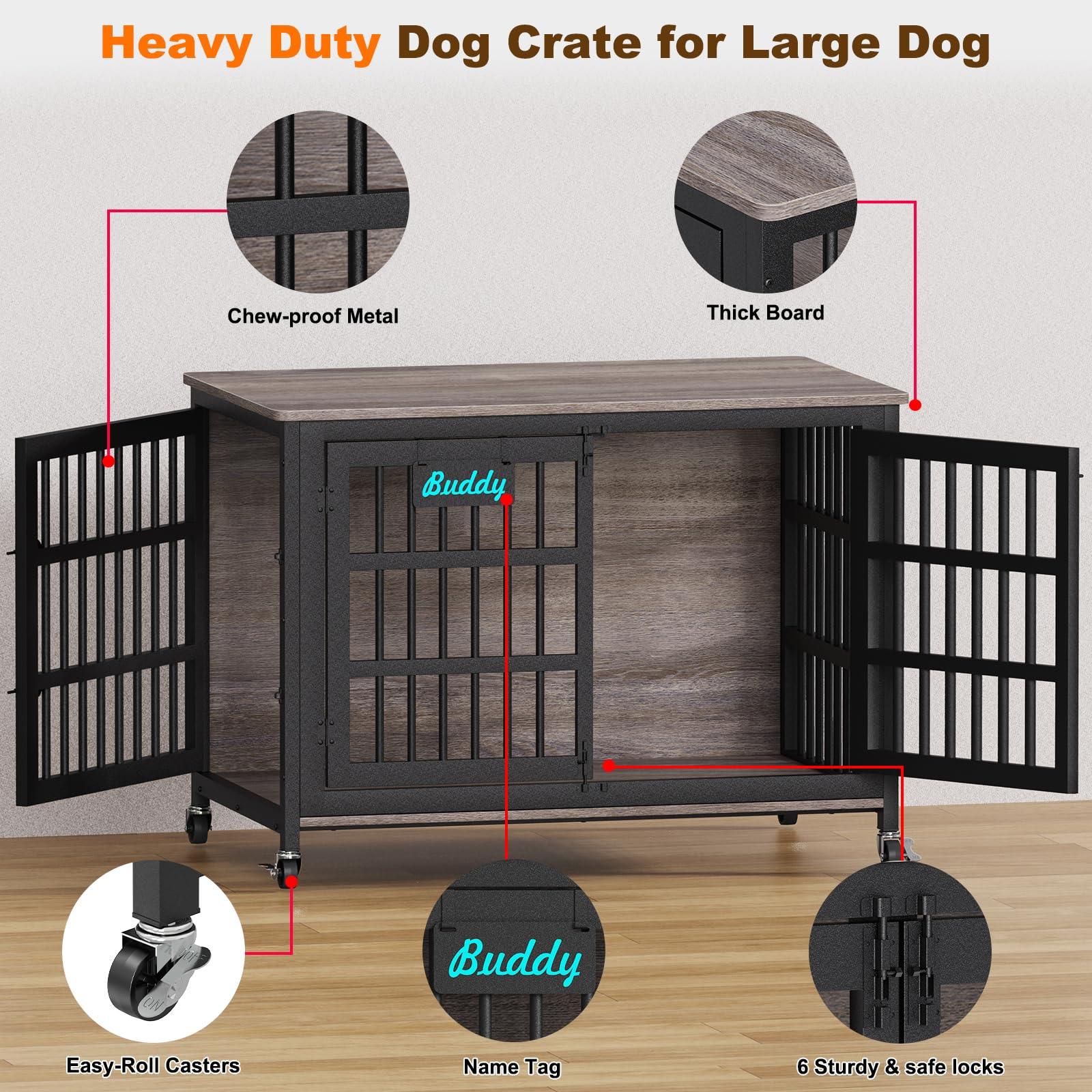EasyCom 48/42/33 XXL Dog Crate Furniture with Casters, Heavy Duty Dog Kennel Indoor for Large Dogs, Escape-Proof and Chew-Proof
