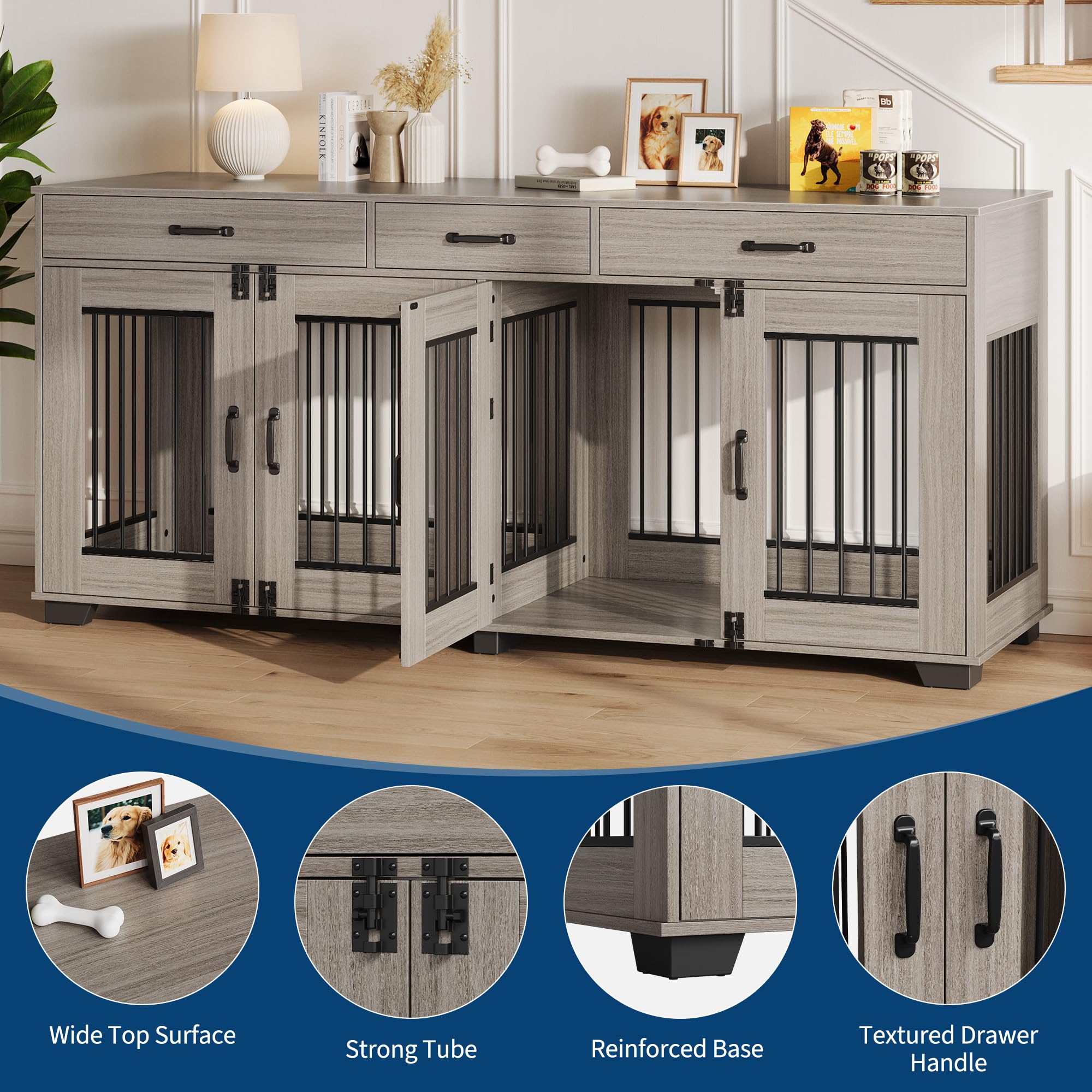71 in Large Dog Crate Furniture for 2 Dogs with 3 Drawers, Heavy Duty Double Indoor Dog Kennel and TV Stand for Medium Large Dog