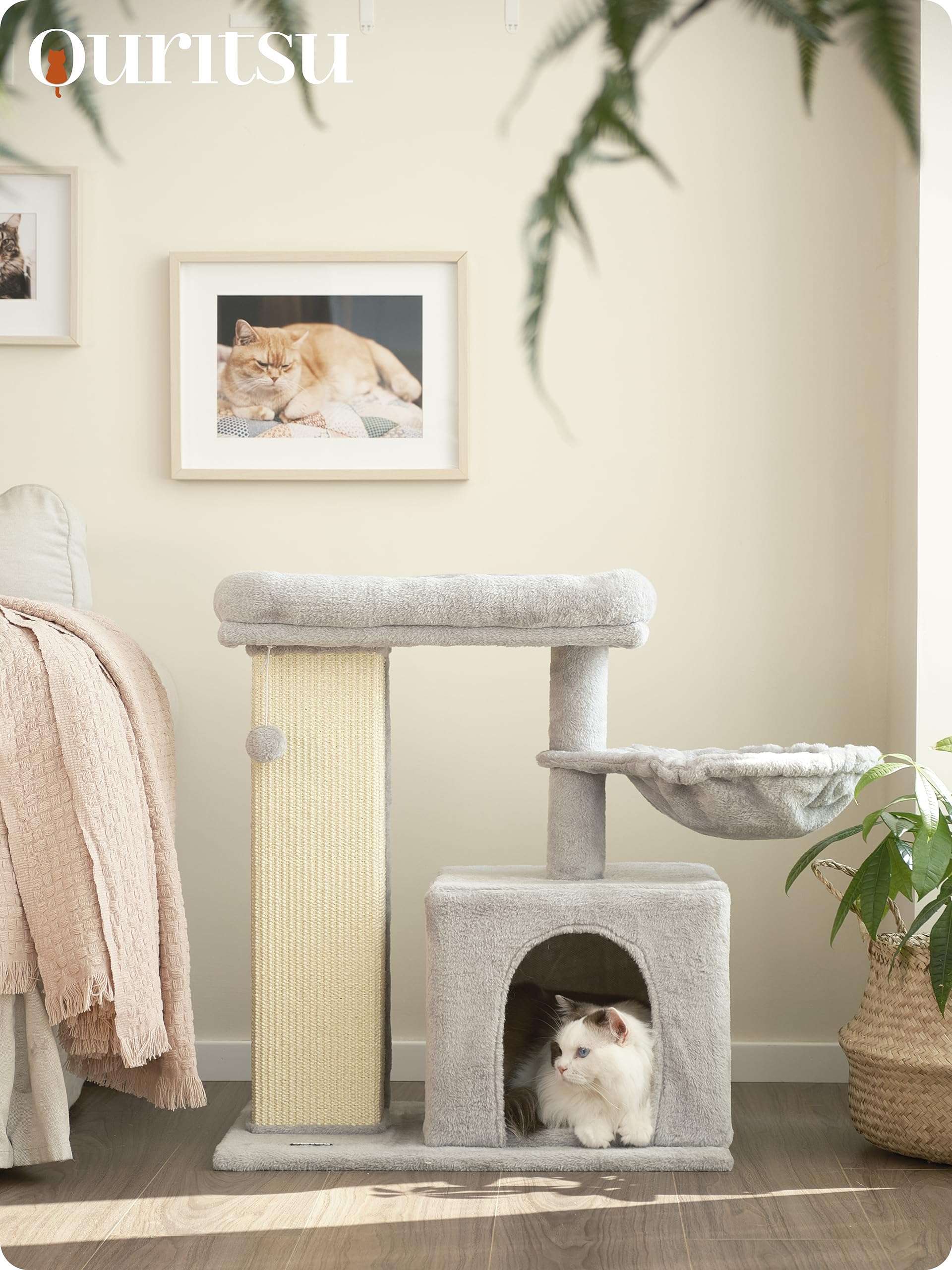 Ouritsu Cat Tree, 27 Inch Cat Tower For Large Cat Indoor, Enlarged Condo, 1 Widened Padded Perch, Luxury Tall Scratching Post, F