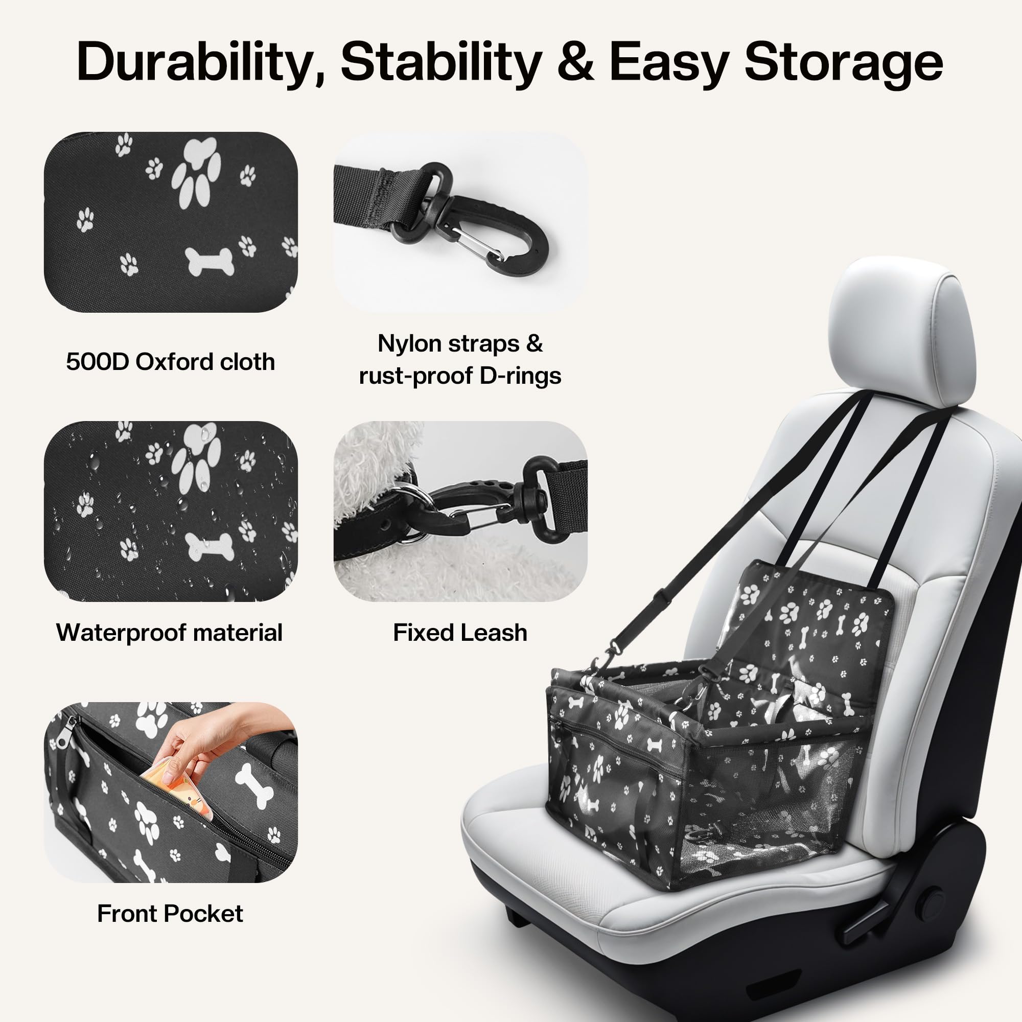 Dog Car Seat for Small/Medium Dogs up to 20 lbs, Portable Pet Travel Seat with Safety Belts & Storage Pockets, Waterproof & Scra