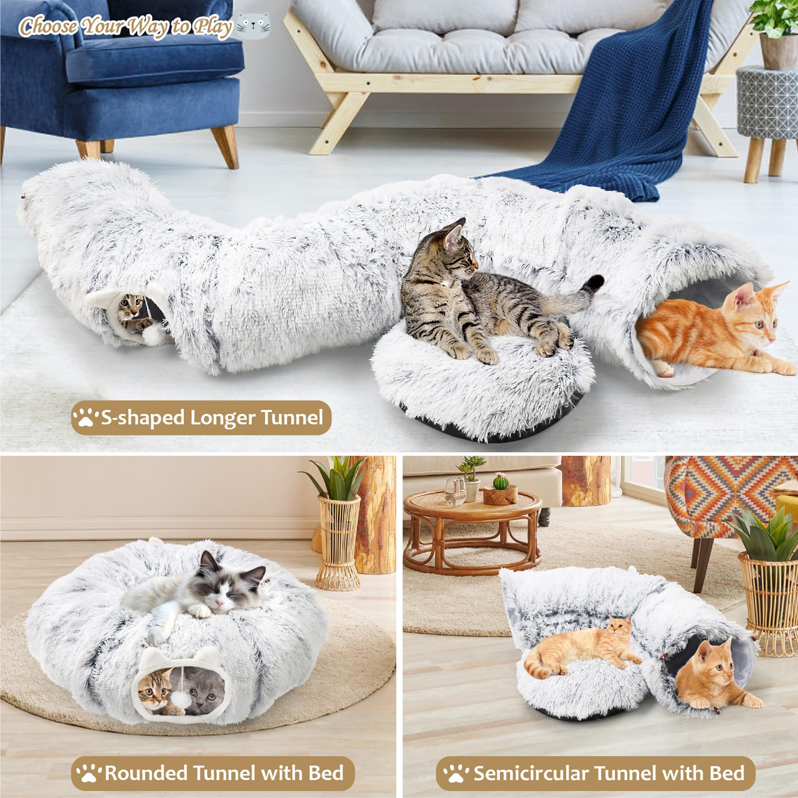 2-In-1 Cat Tunnel Bed For Indoor Cats, Warm Plush Cat Play Donut Tunnel With Washable Circle Cushion, Round Pet Peekaboo Cave To