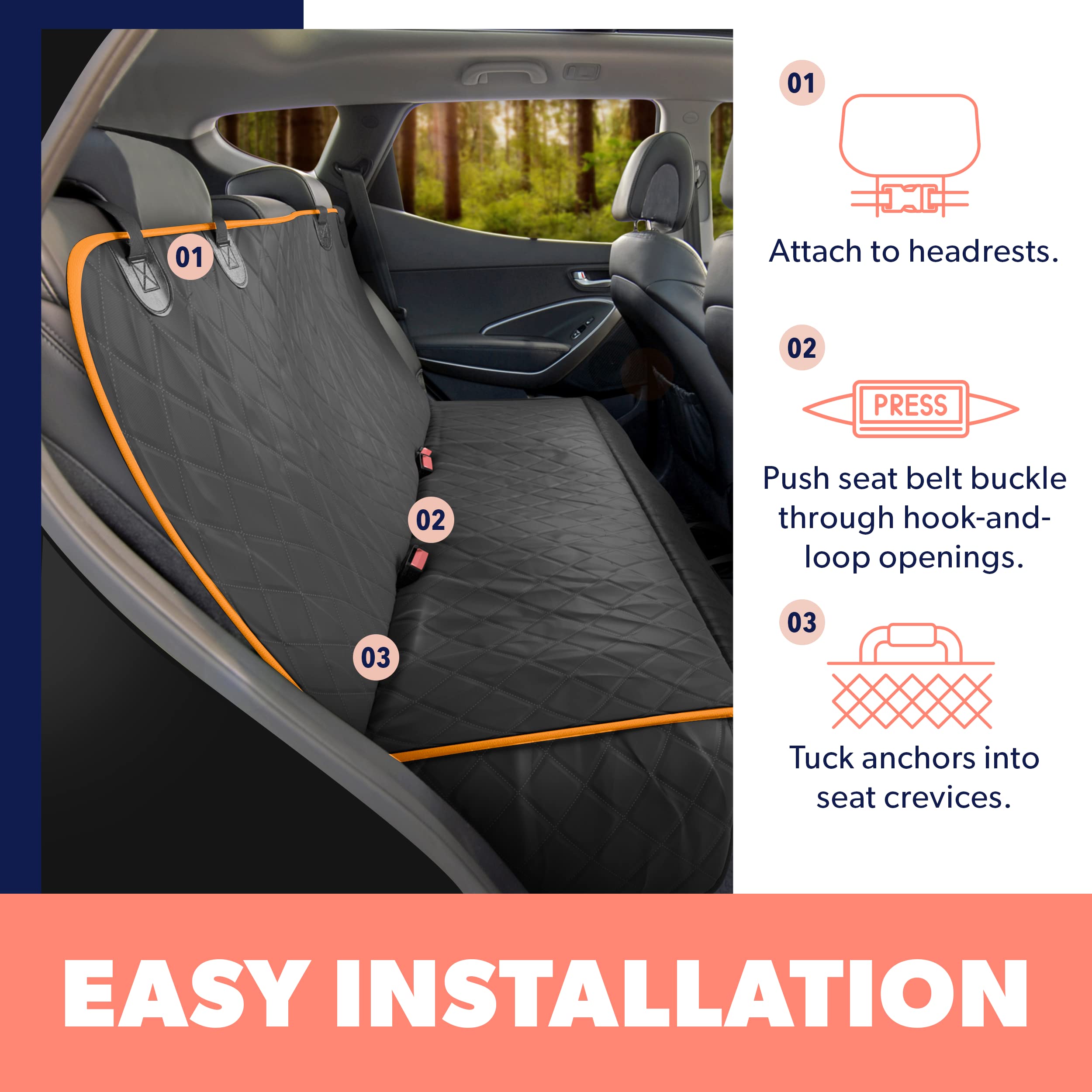 Active Pets Dog Car Seat Cover For Back Seat, Waterproof Pet Hammock Protector, Durable Nonslip Seat Protection Suv Truck, Standard 53'X56', Orange