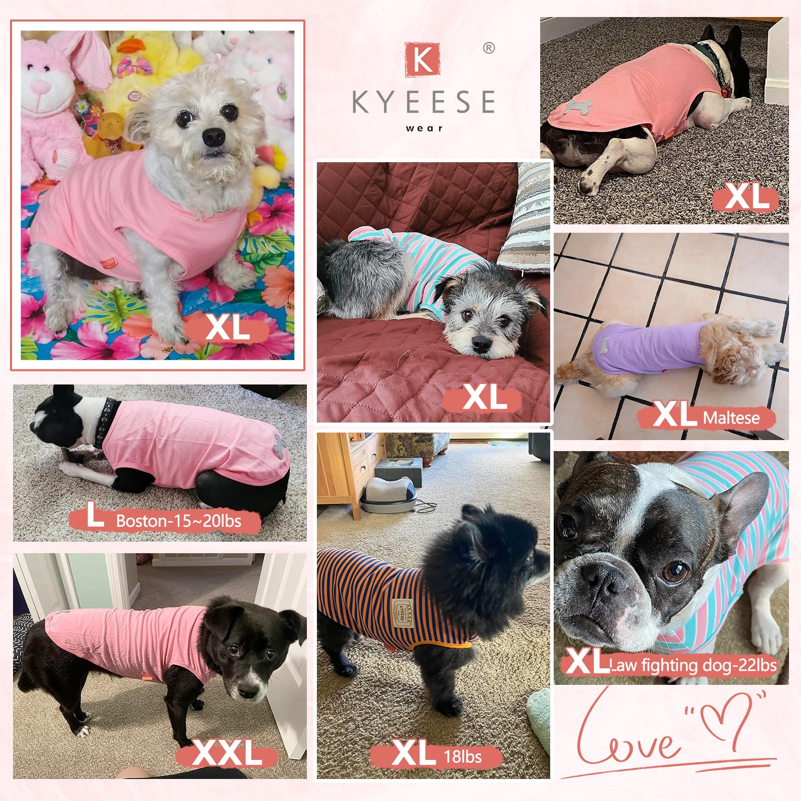 KYEESE 2-Pack Striped Dog Shirts, Soft Polyester, X-Large (18-30lbs), Green+Pink, Lightweight Sleeveless Pet T-Shirts