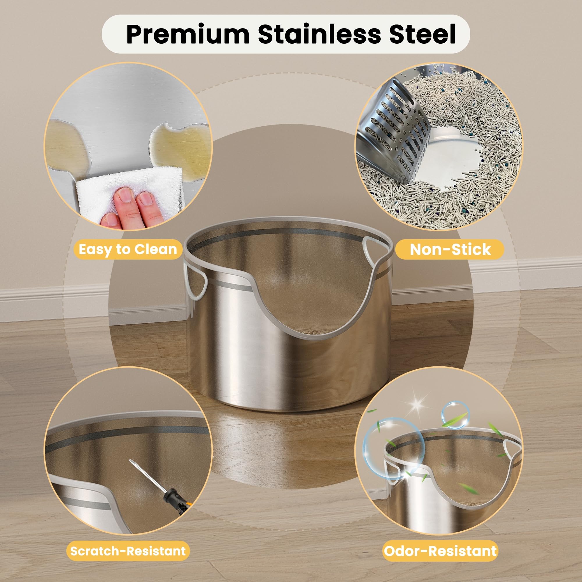 Aothey Stainless Steel Litter Box Metal With Integrated Round For Xl/Xxl Big And Multi Cats, 12 High Wall High Side, Odor Cont