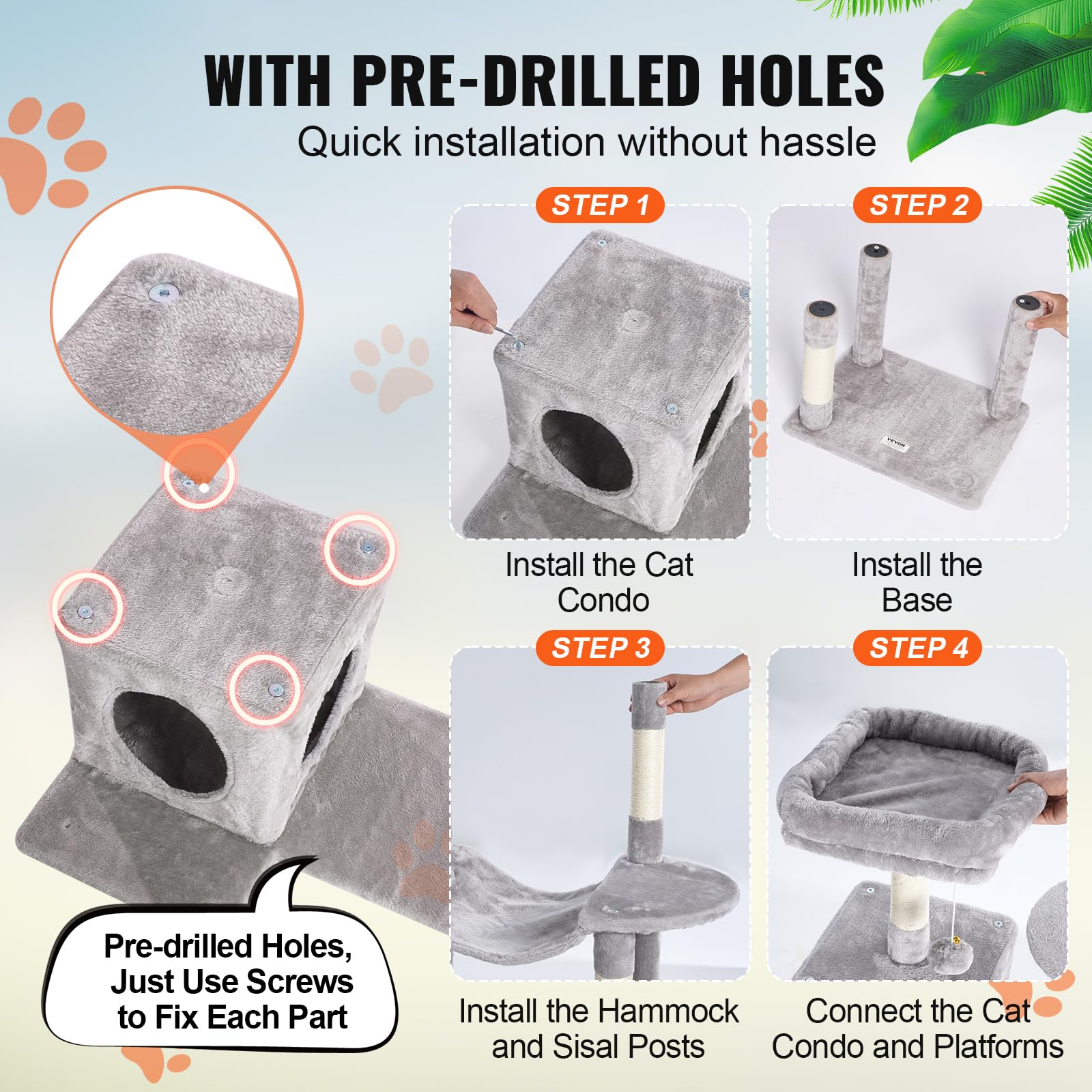 VEVOR Cat Tree 56.2 Cat Tower with Cat Condo Sisal Scratching Post Light Grey