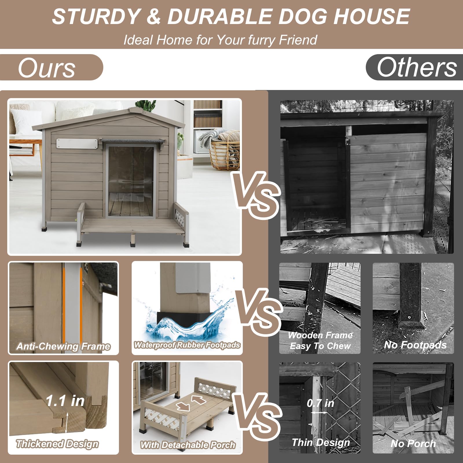 Ketive Large Outdoor Dog House 41" with Porch, Removable Floor, Grey Fir Wood, Model Dog House 67