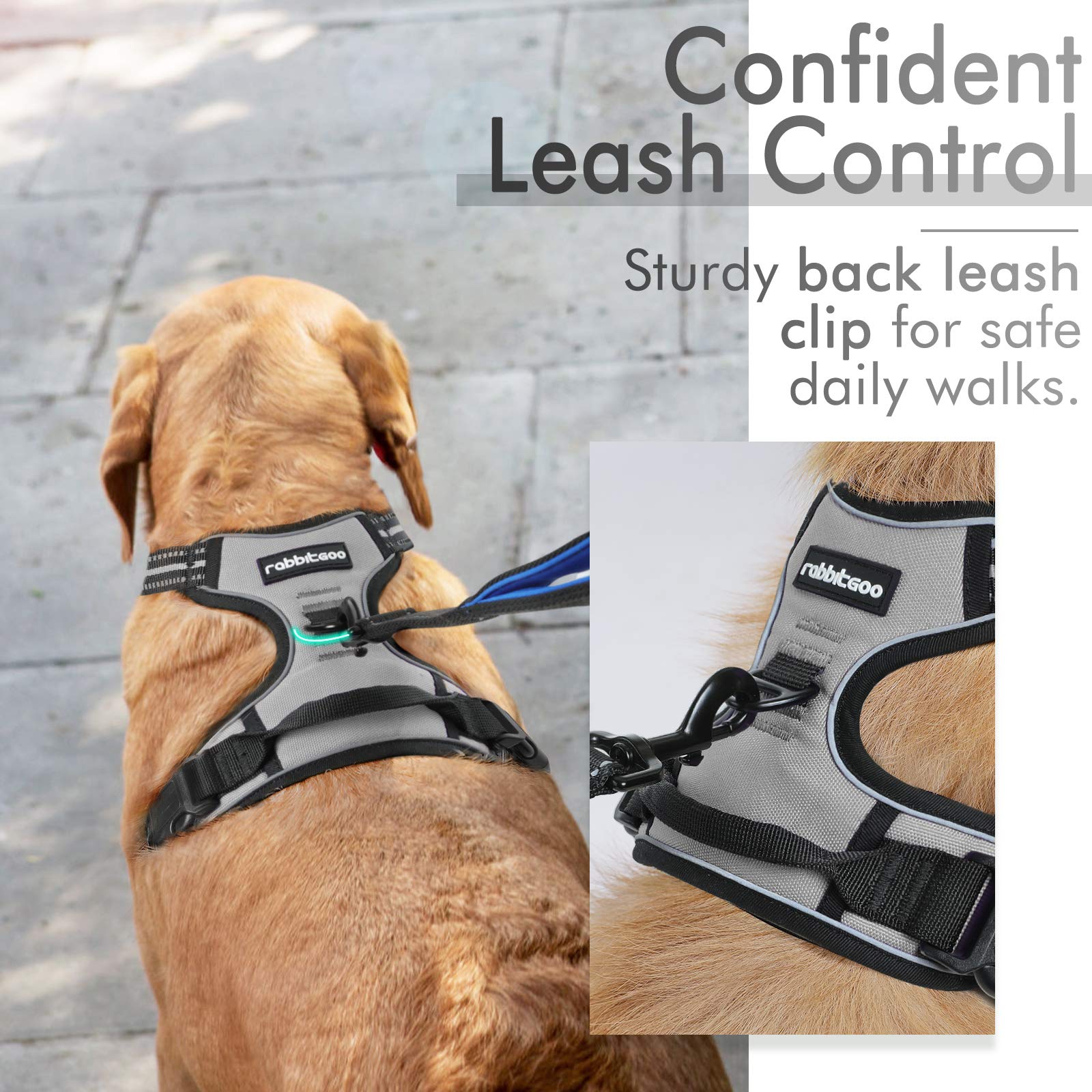 Rabbitgoo Dog Harness, No-Pull Pet Harness With 2 Leash Clips, Adjustable Soft Padded Dog Vest, Reflective No-Choke Pet Oxford Vest With Easy Control Handle For Large Dogs, Grey, L