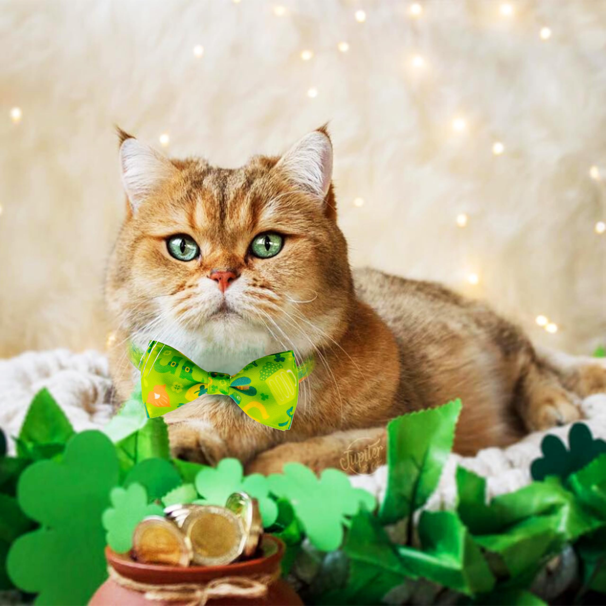 St. Patrick'S Day Cat Bow Tie Collar, 2-Pack Adjustable Breakaway Collars With Lucky Charms, Shamrocks, And Irish Patterns For C