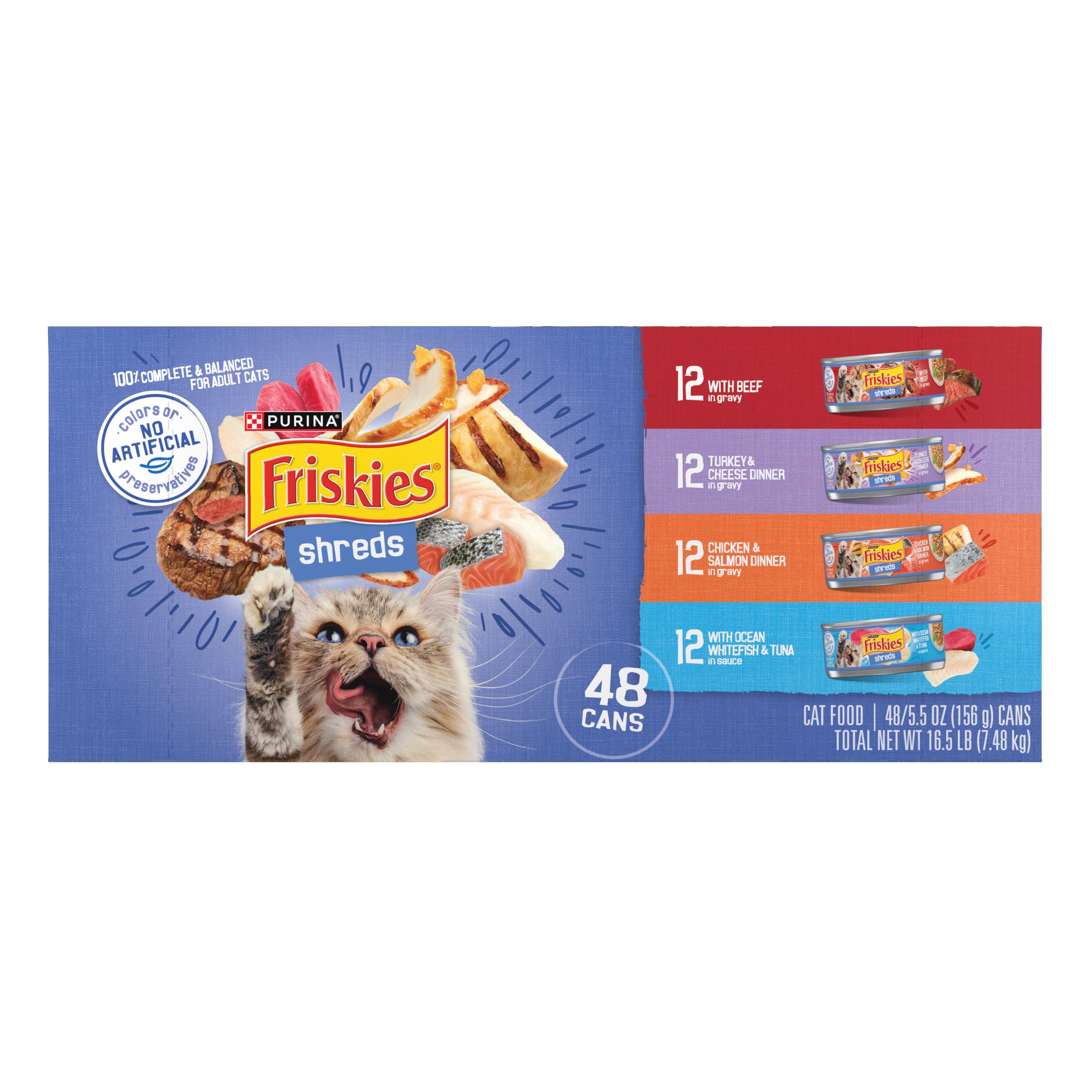 Purina Friskies Wet Cat Food Variety Pack, Shreds With Beef, Turkey and Cheese Dinner, Chicken and Salmon Dinner, and With Ocean