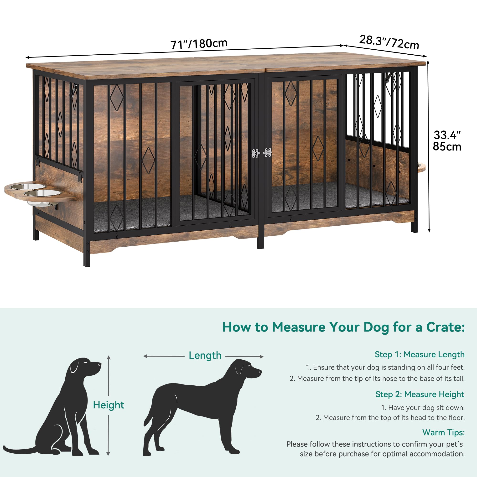 YITAHOME Large Wooden Dog Crate Furniture, 71" with Divider, Flip-Top, 4 Bowls, 2 Cushions, Brown, for Medium to Large Dogs