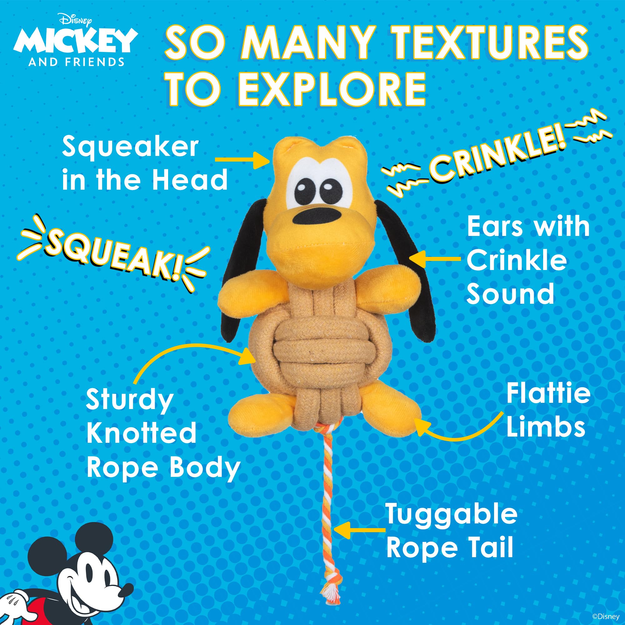 Disney For Pets Pluto Knotty Rope Pet Toy With Squeaker, 9 Inch | Squeaky Dog Toys For Pets | Rope Tug Toy For Dogs Inspired By