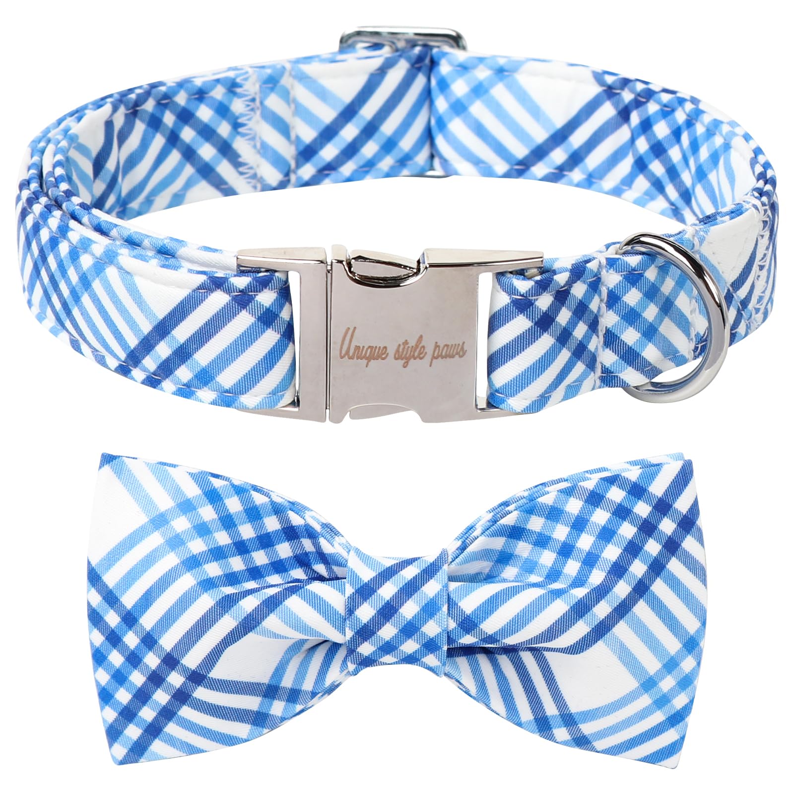 Unique Style Paws Cotton Dog Collar With Bow Spring Summer Collar With Blue White Grid For Small Medium Large Boys Girls Dogs