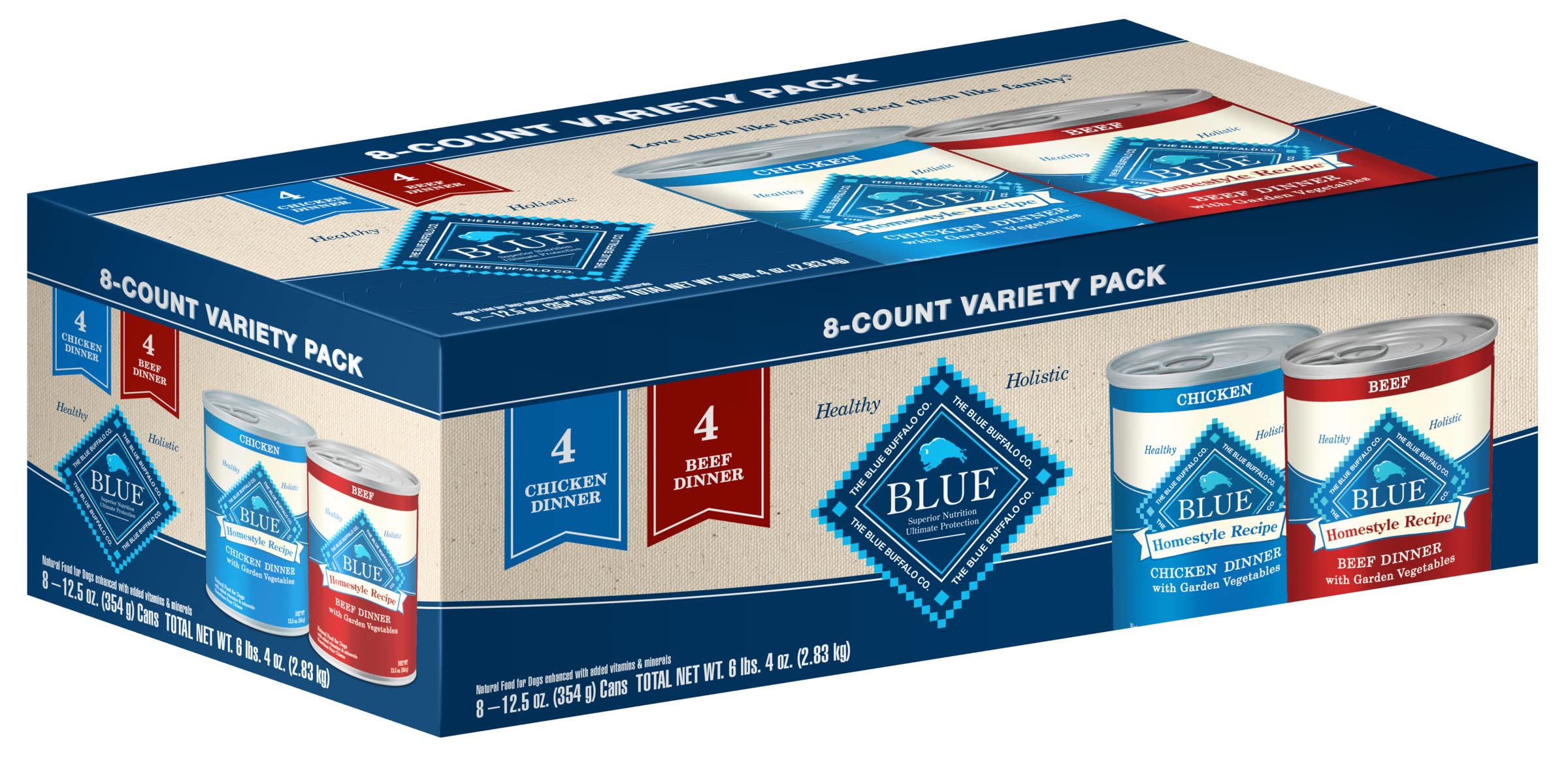 Blue Buffalo Homestyle Recipe Natural Adult Wet Dog Food Variety Pack, Chicken & Beef 12.5-Oz Can (8 Count- 4 Of Each Flavor)