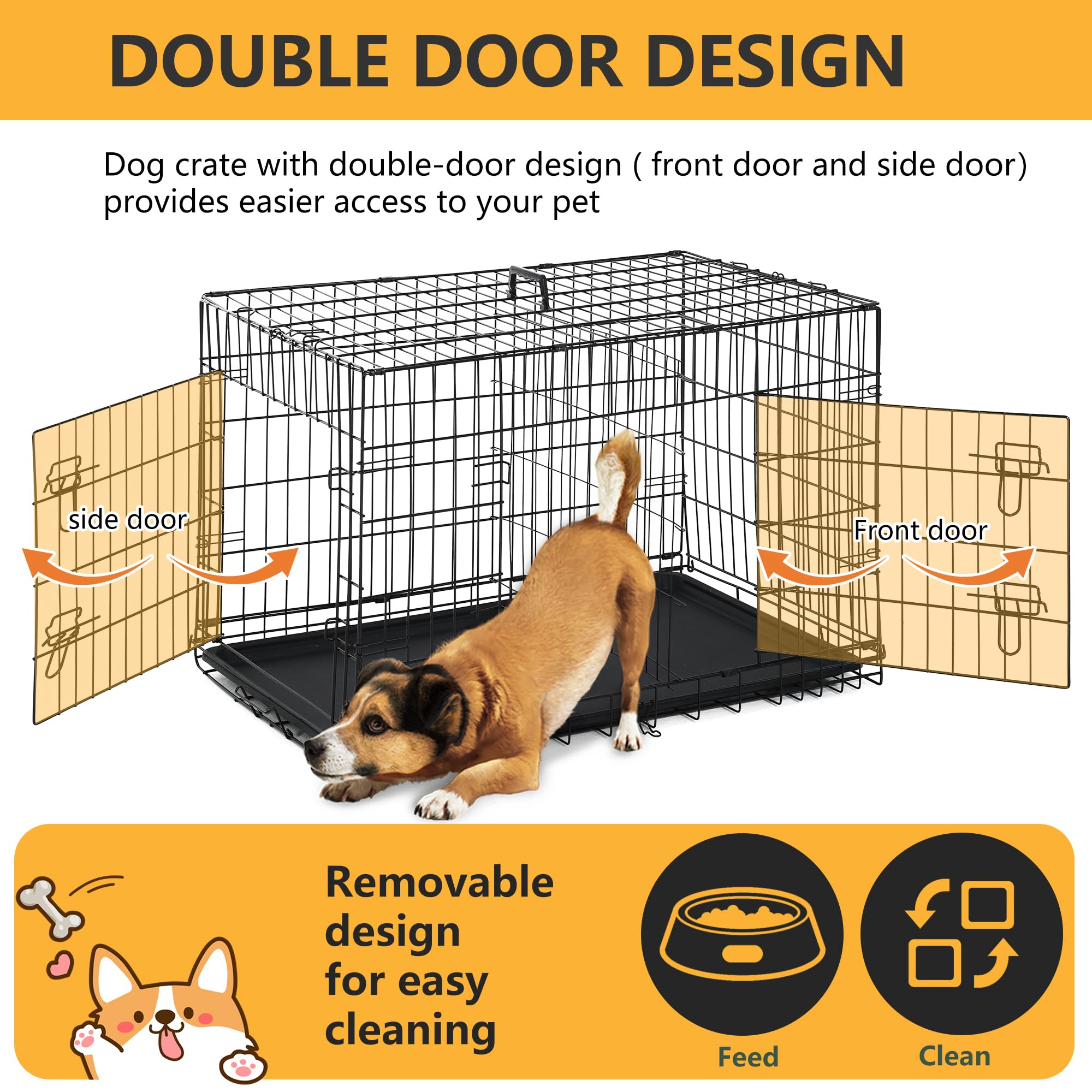 FDW Dog Kennel Cage - 36" Folding Metal Wire Crate with Double Door, Removable Tray & Divider, Black