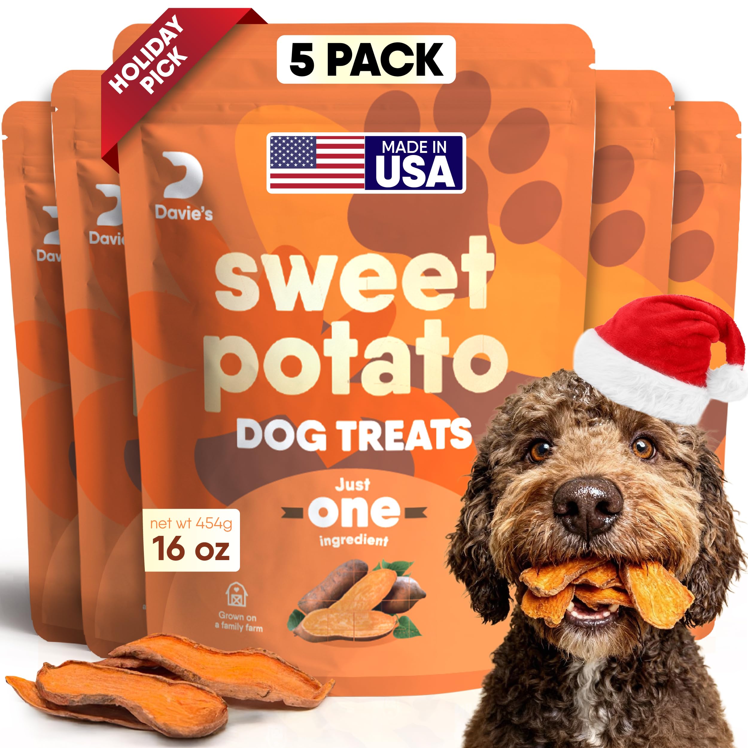 Davies Sweet Potato Dog Treats - Healthy Dog Chews, Low Fat, Made in USA, 1 lb Bag - Pack of 5