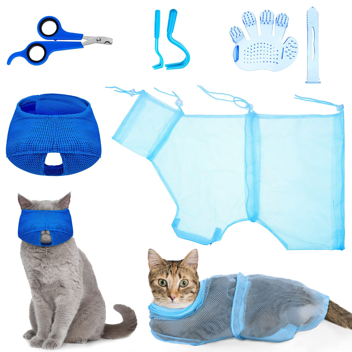 5 Pieces Cat Bathing Bag Set Cat Grooming Bag Adjustable Pet Shower Net Bag Cat Muzzles Anti-Bite Anti-Scratch Nail Clipper Tick Remover Tool Massage Brush For Pet Bathing Cleaning Trimming (Blue)