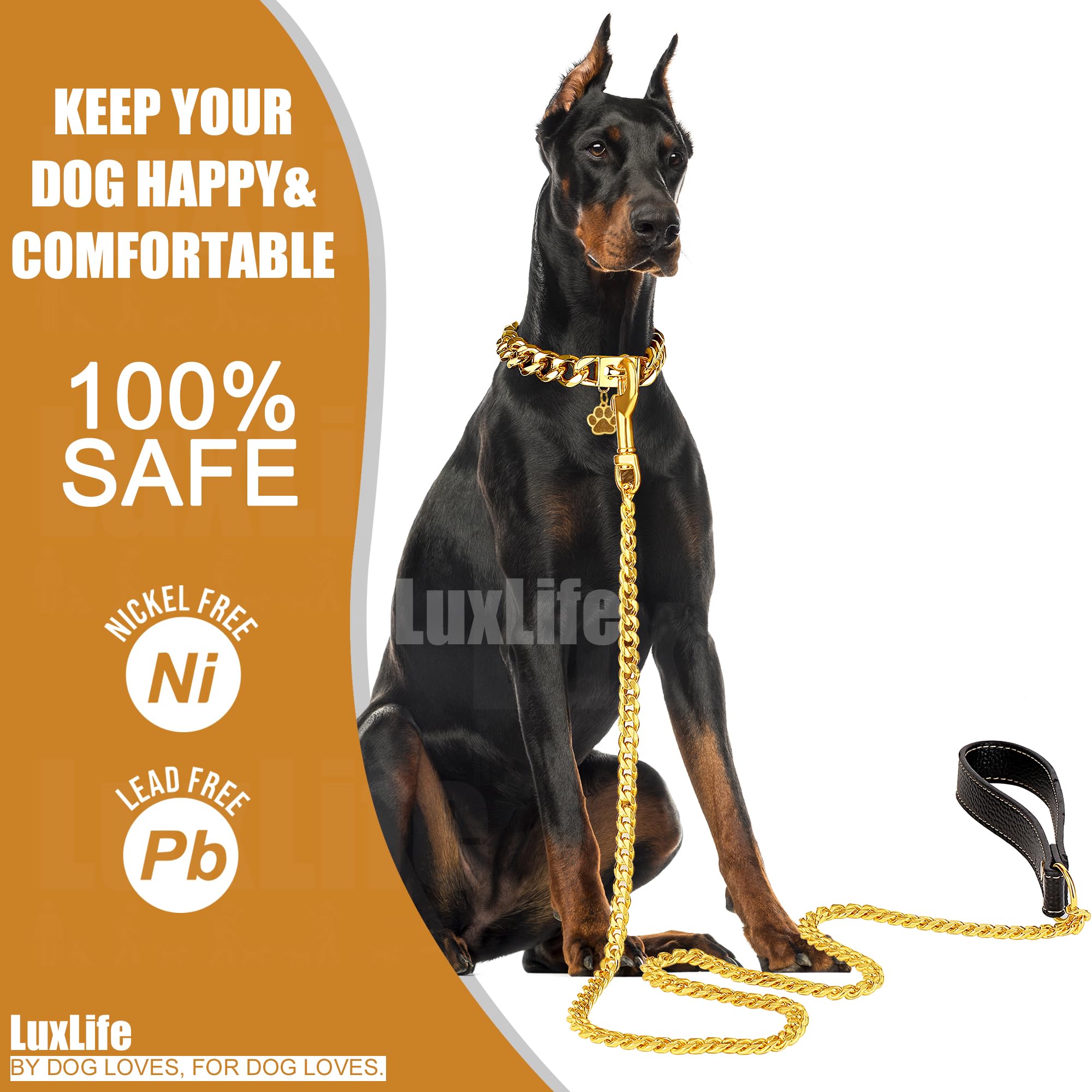 Luxlife 15Mm/10 Inch Gold 18K Gold Chain Dog Collar With Built-In Bell And Tag For Small, Medium, Large Dogs