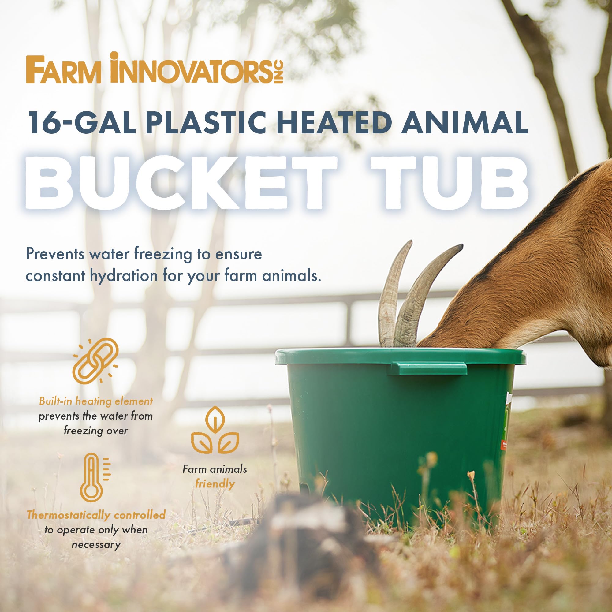 Farm Innovators Ht-200 16 Gallon Plastic Heated Livestock Pet Farm Animal Water Bucket Tub With Hidden De-Icer Heating Element, Green