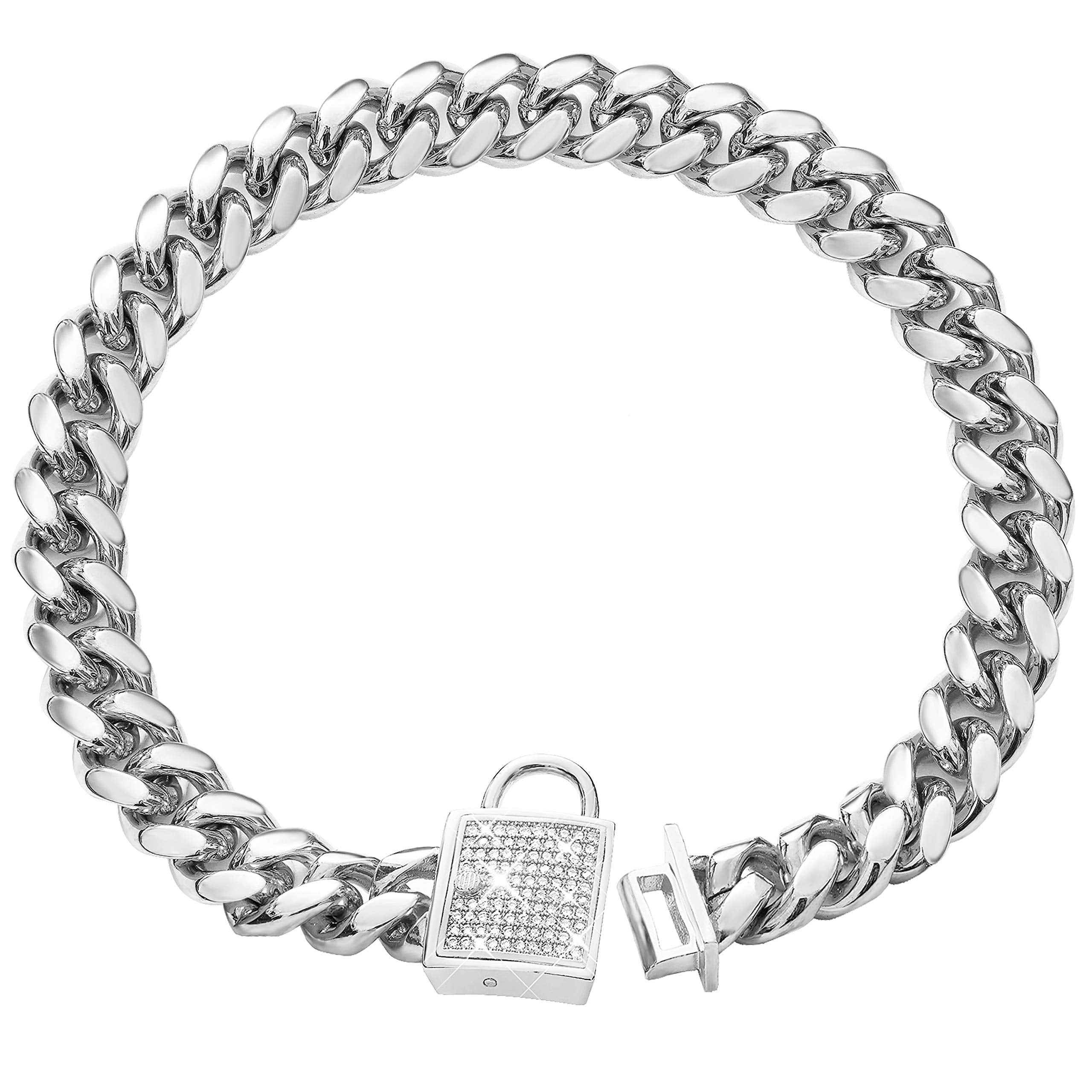 Dog Collar With Zirconia Locking 14Mm Silver Metal Puppy Collar Luxury Dog Bling Necklace Small Medium (14Mm, 12')