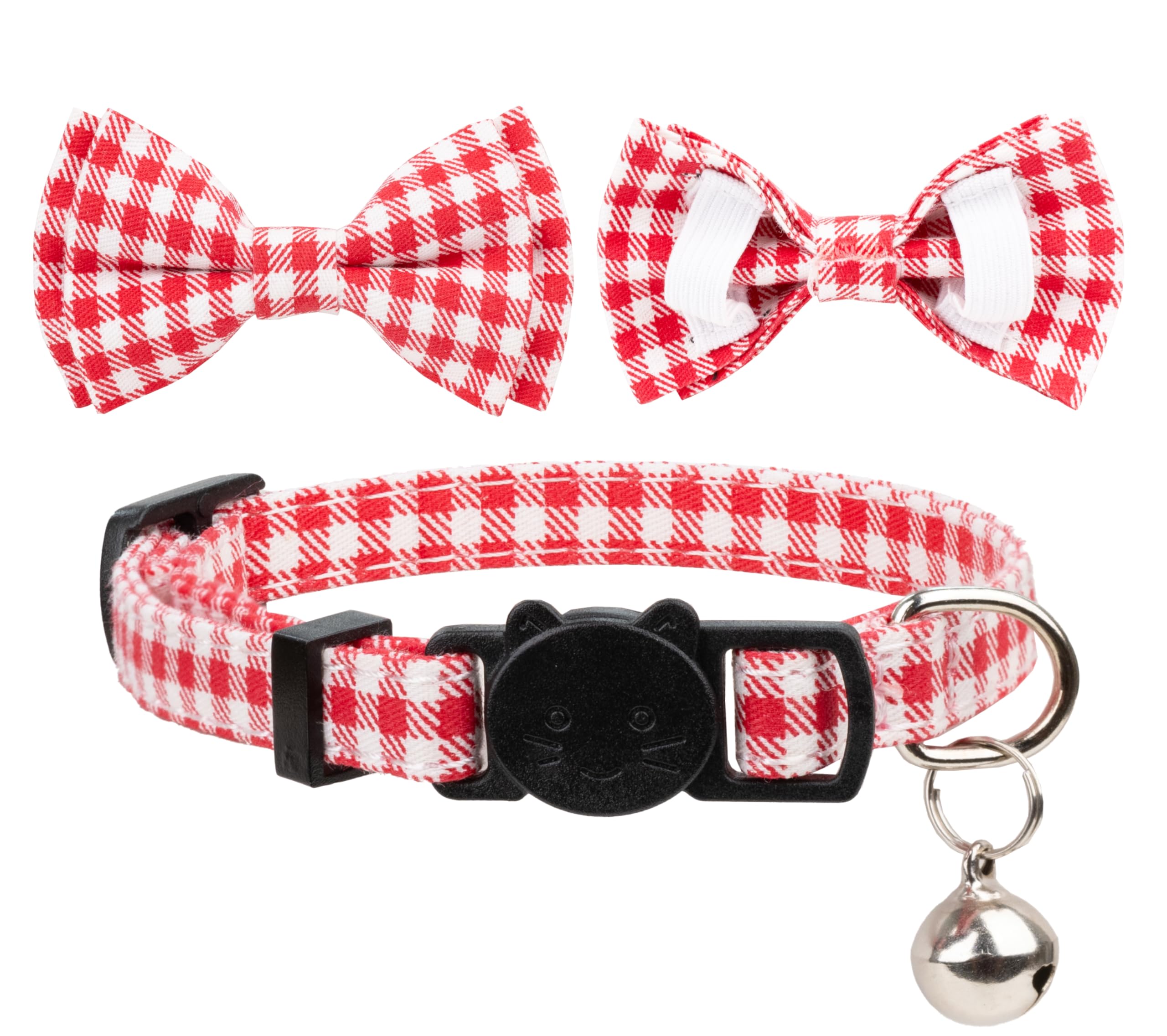 Gyapet Cat Collar Breakaway With Bell Boy Girl Kitten Bow Tie Safety Plaid Solid Color Set Cute Soft Summer [2Pcs] Red