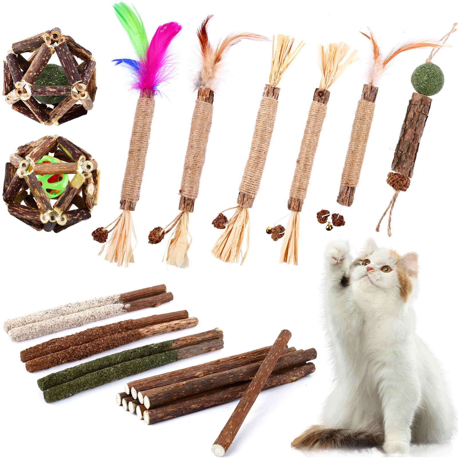 Wousedo Catnip Chew Toys For Cats, 24 Pack Cat Toys With Silvervine Sticks, Natural Silvervine Stick Cage Balls & Bell Balls For