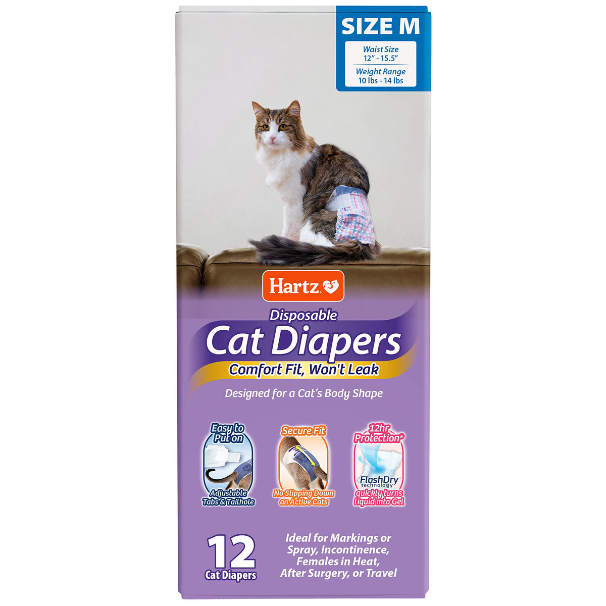 Hartz Disposable Cat Diapers, Size M 12 Count, Comfortable & Secure Fit, Easy To Put On