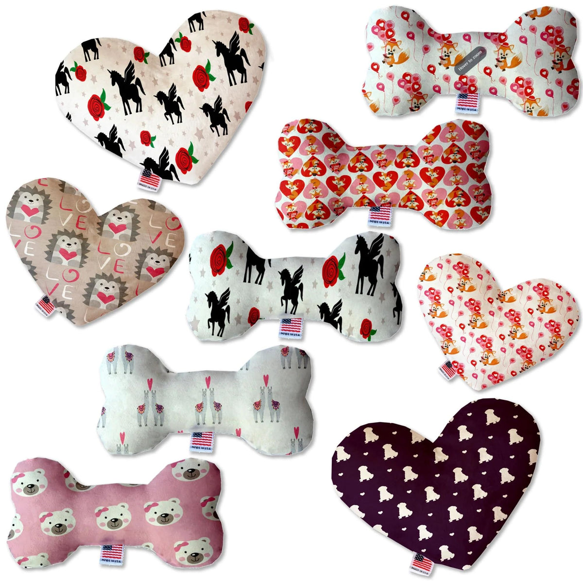 Pet and Dog Plush Heart or Bone Toy, &quot;Valentine's Day Friends Group&quot; (Available in different size, and 7 different patterns!) Foxy Love 8&quot; Plush Bone