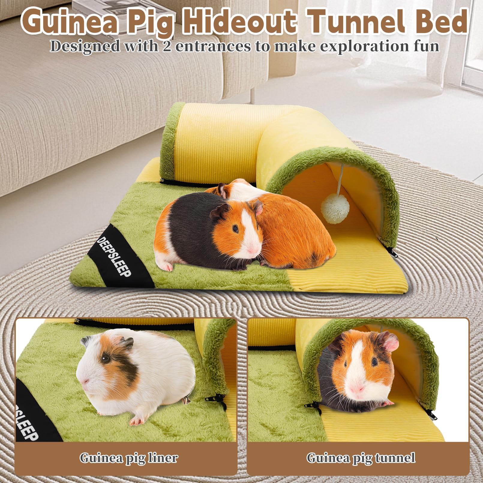 3 Pcs Guinea Pig Hideout Tunnel With Removable Base & 2 Liners - Machine Washable Soft Small Animal Bed & Play Tube For Chinchil