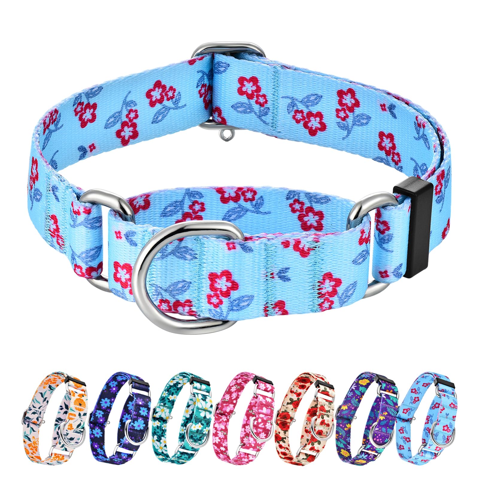 Hikiko Martingale Dog Collar With No Buckle Cute Girl Flower Dog Collars Comfortable Nylon Choke Collar For Small Dogs,Light Blu