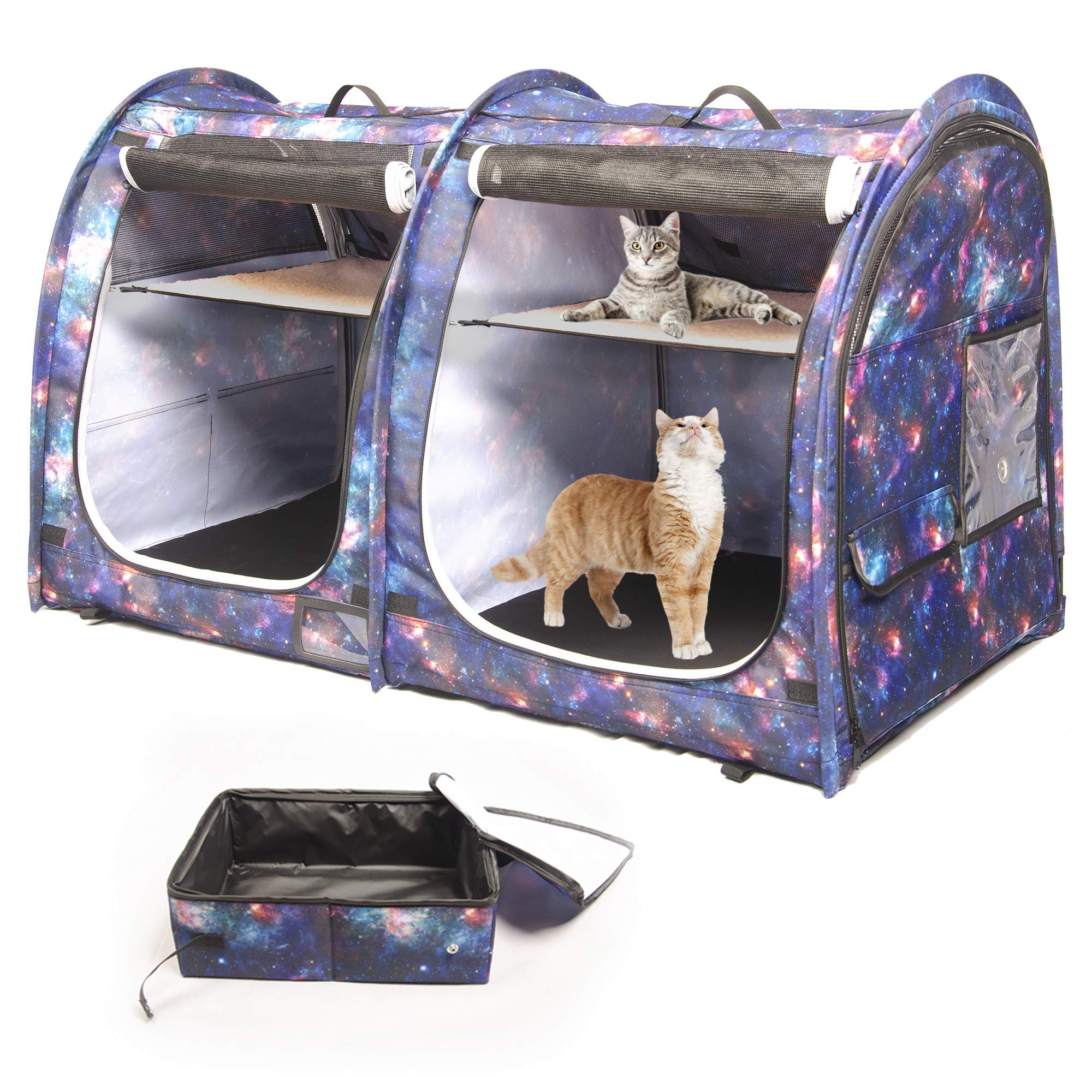 Mispace Portable Twin Compartment Show House Cat Cage/Condo - Easy To Fold & Carry Kennel - Comfy Puppy Home & Dog Travel Crate With Portable Carry Bag/Two Hammocks/Mats And Collapsible Litter Box