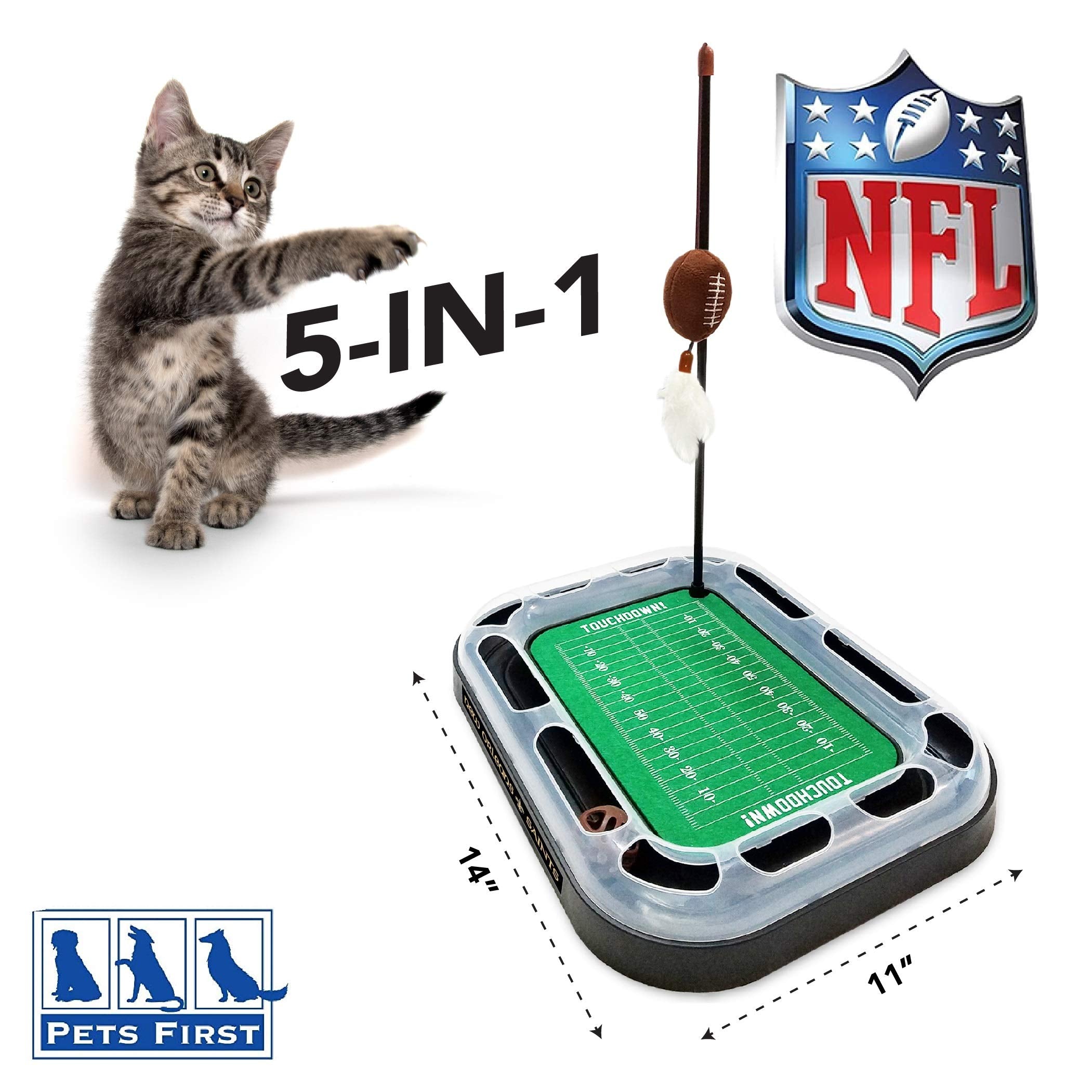 CAT BELL BALL NFL New Orleans Saints Football Field CAT Scratcher Toy with Catnip Filled Plush Football Toy & Feather Cat Toy Ha