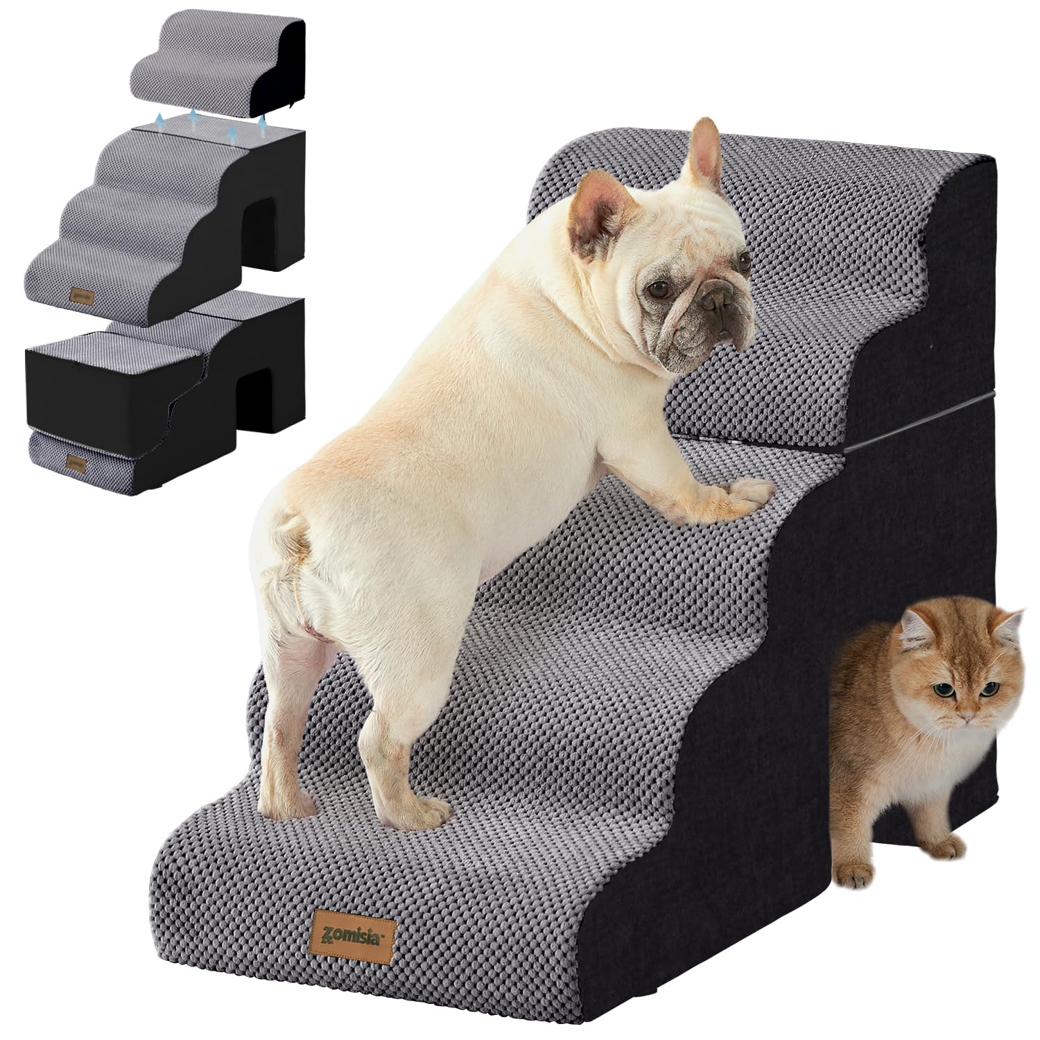 ZOMISIA Dog Ramp for Large Dogs - 24 H 5 Steps Pet Stairs for High Bed with Tunnel 2 in 1 with Zippers Suitable, Indoor Cat Ladd