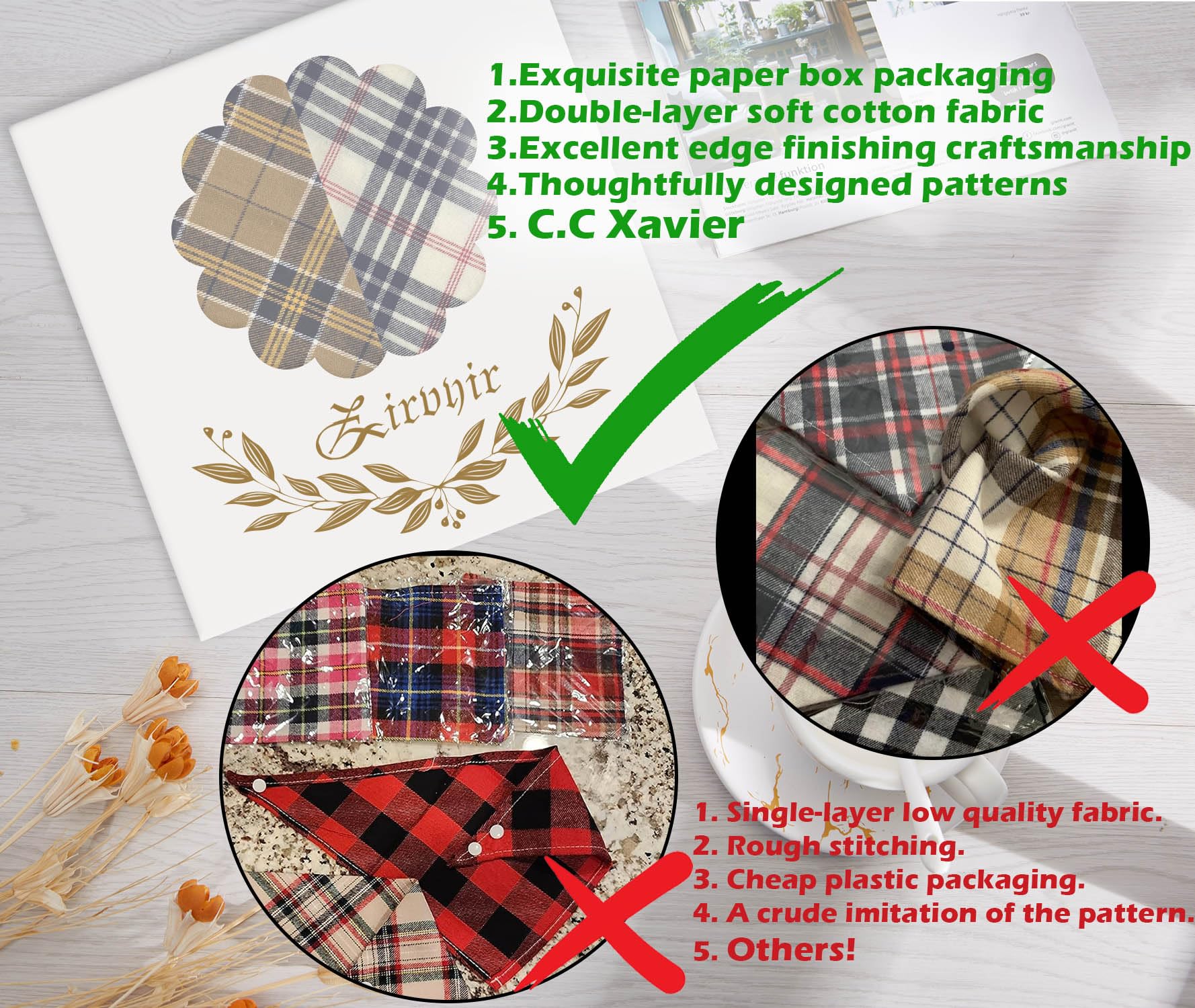 5Pcs Dog Bandanas With Button - Thick Triangle Bibs Dual Layer Soft Cotton Scarves For Small Medium Boy Girl Puppy Cat Pet Baby Square Plaid Printing Washable Kerchief Halloween Costumes Outfits