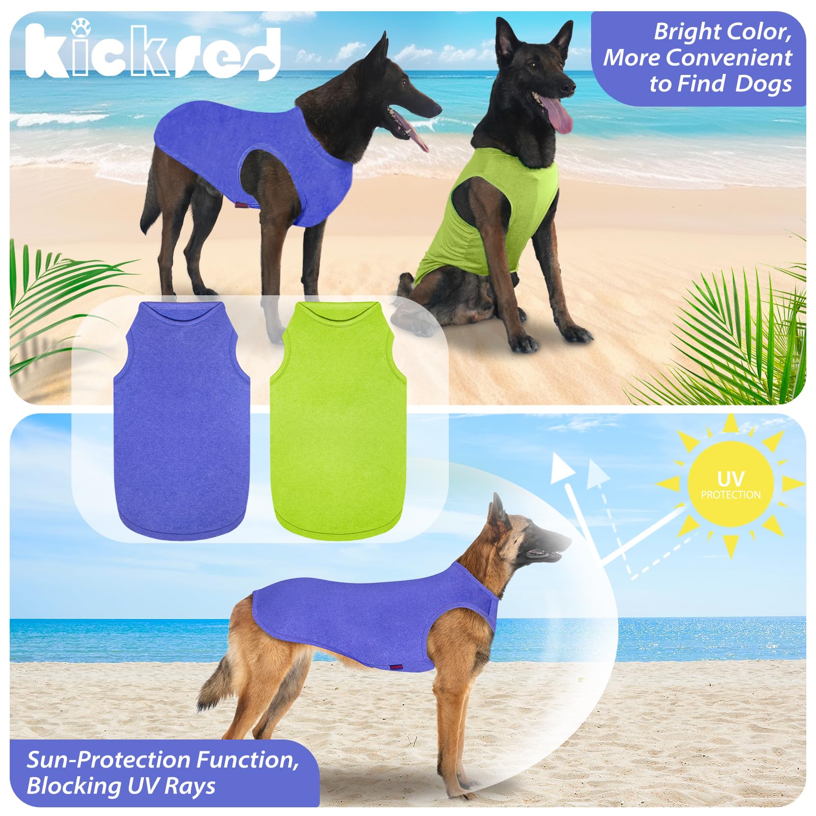 Kickred 2 Pack Dog Shirts, Quick Dry Breathable Dog Clothes Pet Sleeveless Vest, Summer Stretchy Tank Top T-Shirts For Large Dog