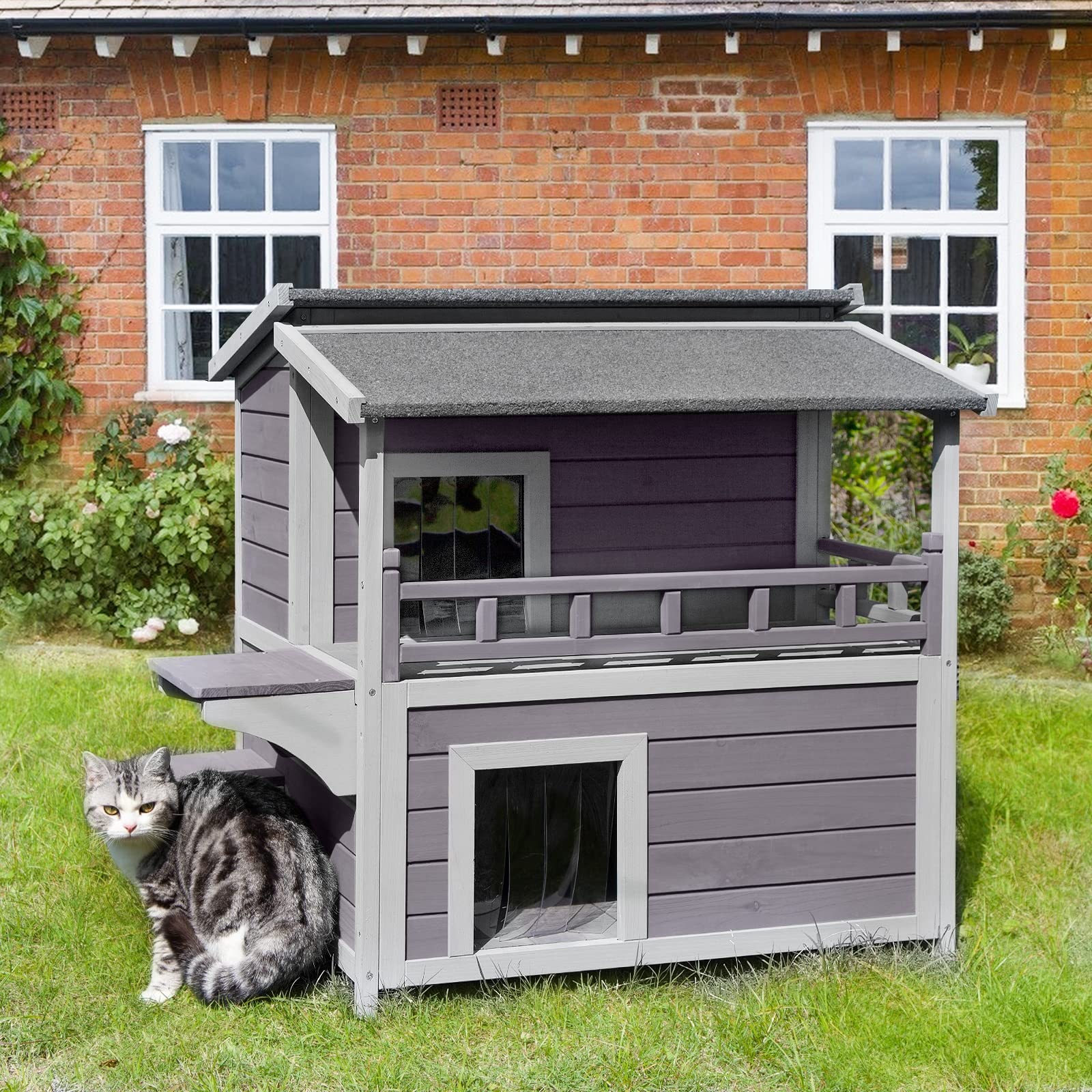 Cat House Outdoor & Indoor Feral Kitty House Cats Enclosure With Balcony Wooden Kitty Shelter Waterproof