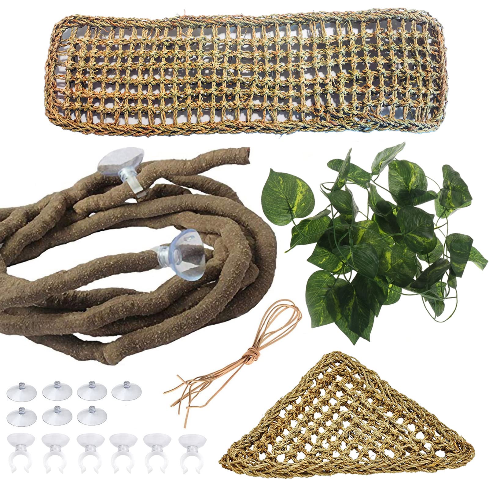 6Pcs Bearded Dragon Hammock Lizard Natural Seagrass Hammock Reptile Jungle Climbing Vines And Leaves With Suction Cups Habitat Décor Tank Accessories For Hiding& Climbing Snake Gecko Bird Chameleon