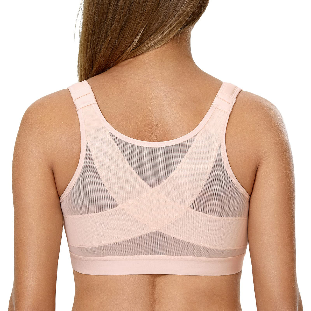 Delimira Womens Front Closure Posture Wireless Back Support Full Coverage Bra Apricot Pink 38D