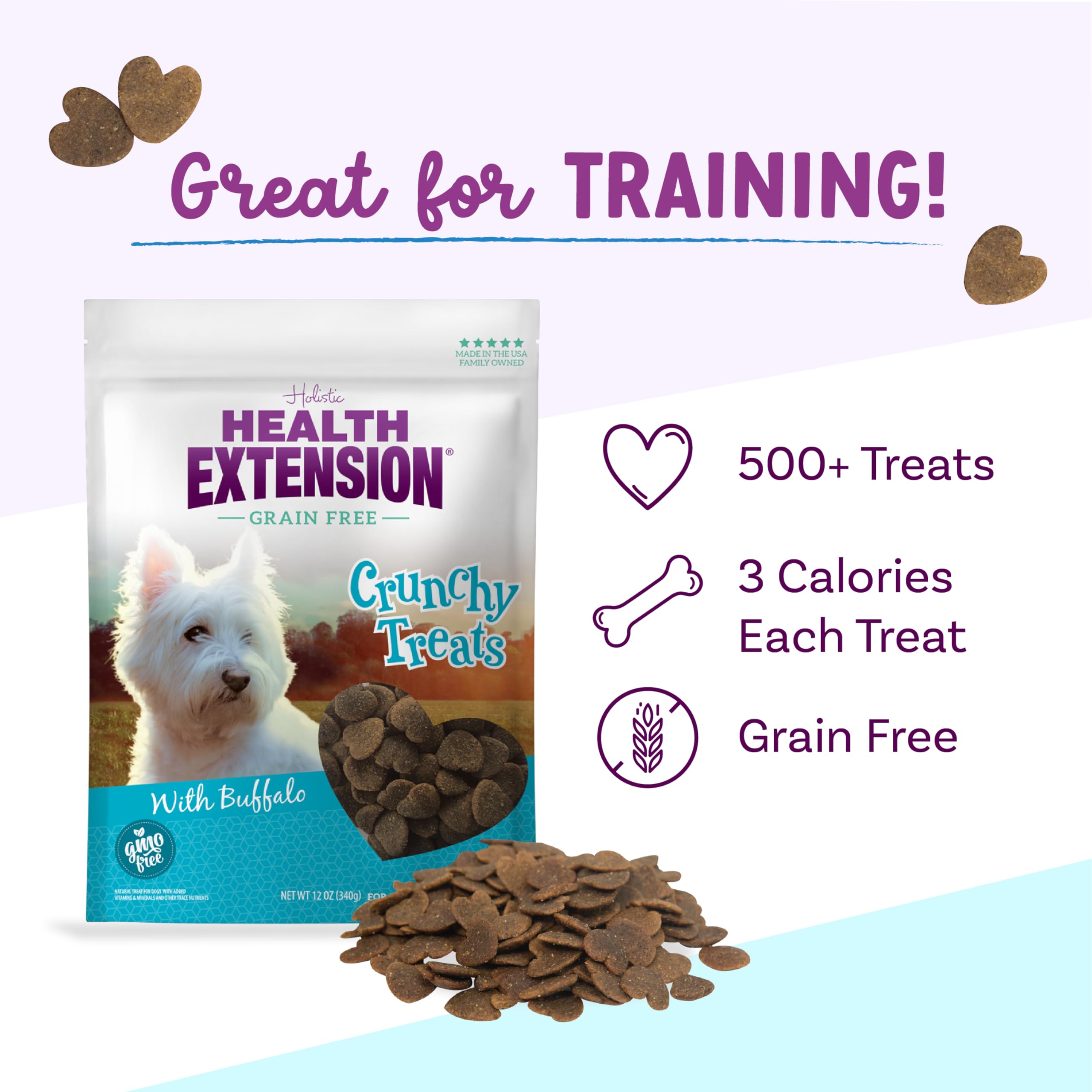 Health Extension Heart-Shaped Crunchy Biscuits, 12oz (340g) - Buffalo Recipe, GMO-Free Dog Training Treats for Small Breeds, Add