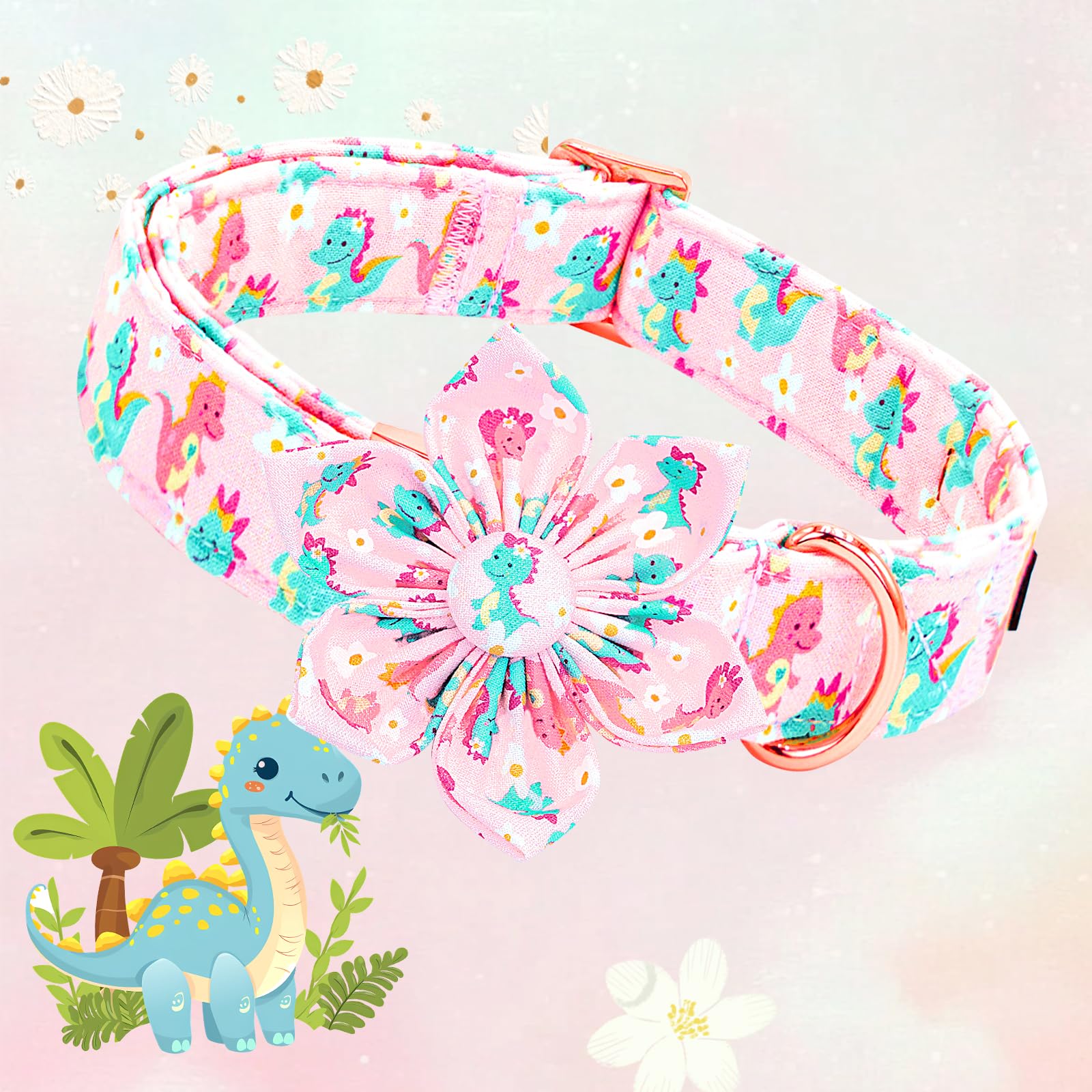 Lionheart Glory Dog Collar With Flower Dinosaurs Print Collars For Small Dogs, Spring Summer Cute Duty Adjustable Dog Flowers Co