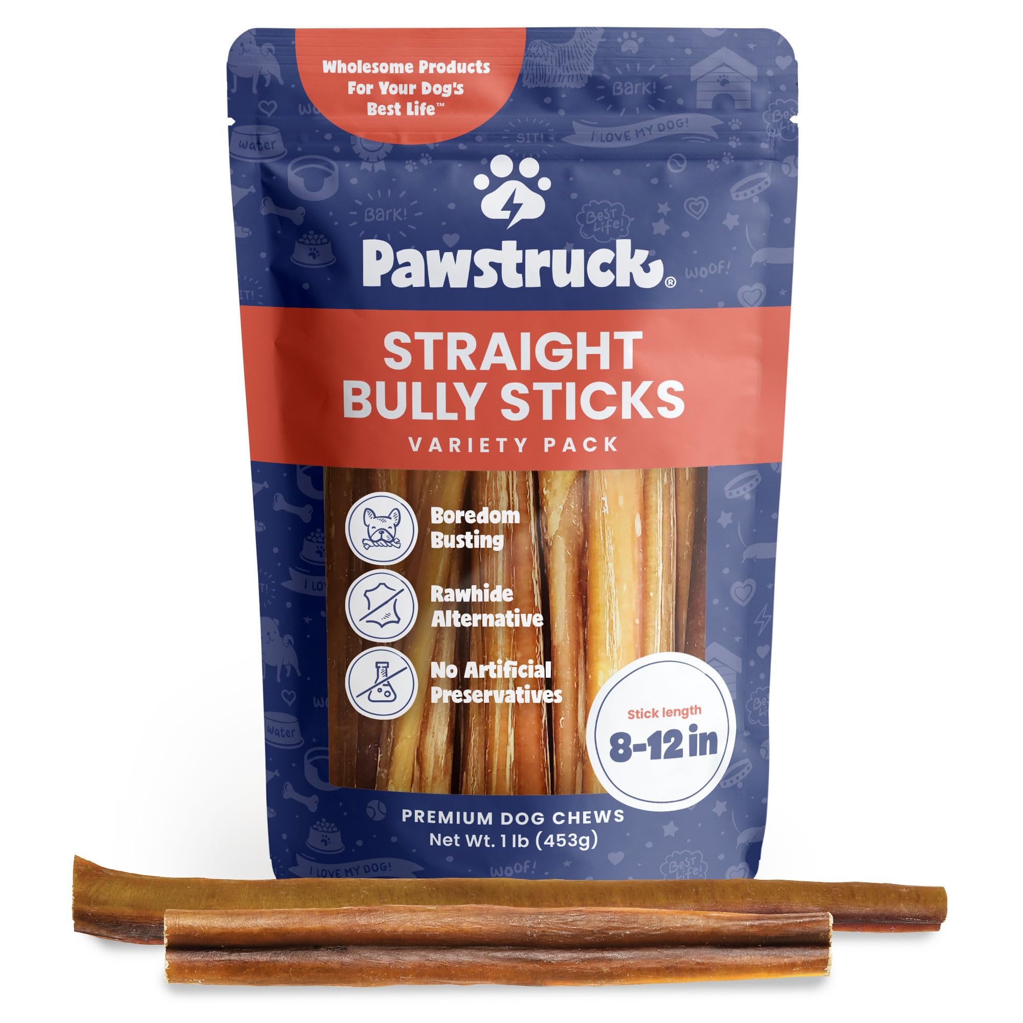 Pawstruck Natural 8-12 Bully Sticks for Dogs - Best Long Lasting, Rawhide Free, Low Odor & Grain Free Dental Chew Treat - Health