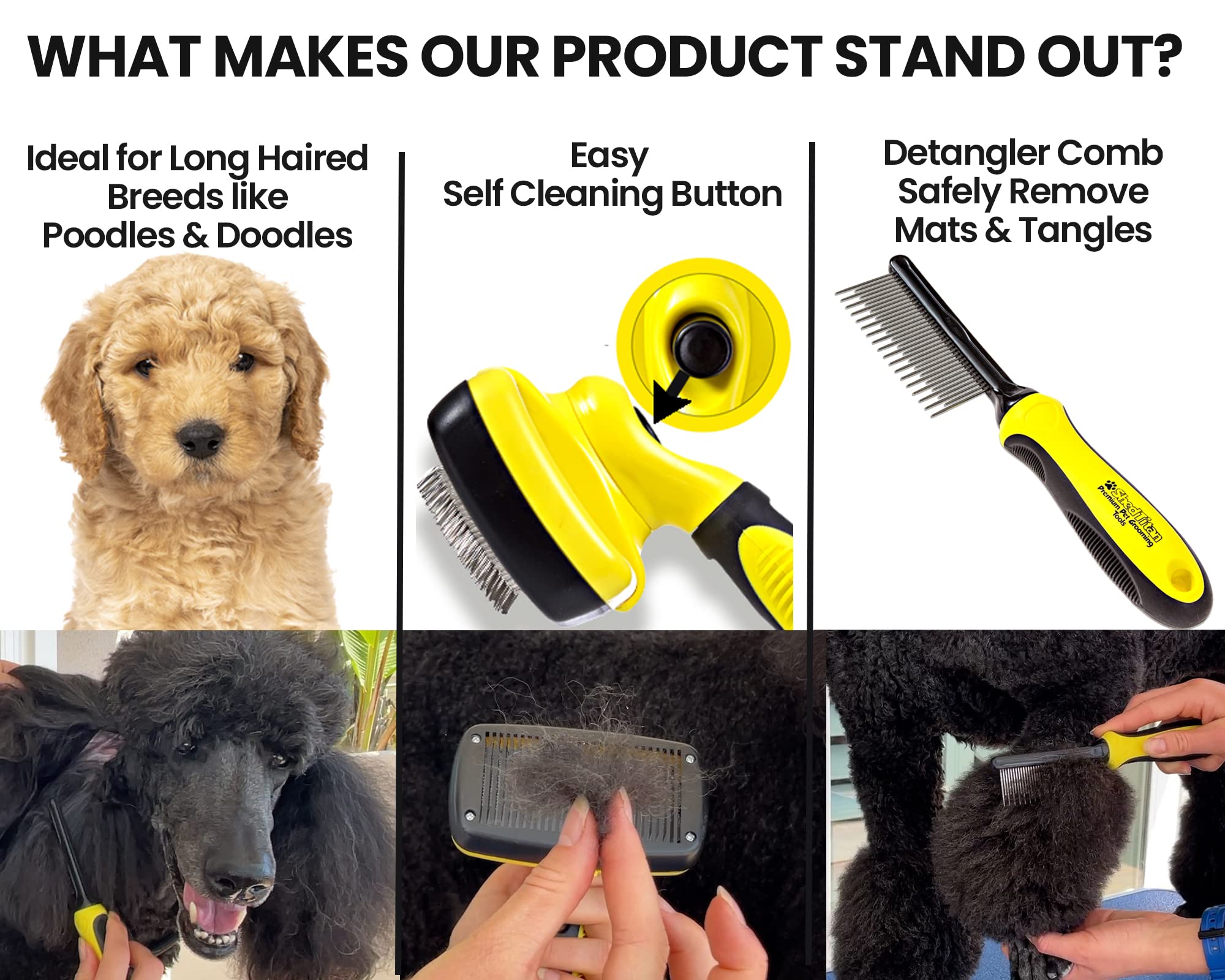 Shedtitan Slicker Dog Brush For Goldendoodles, Poodles & Dematting Pet Comb Value Kit - Easy Self Cleaning Slicker Brush For Grooming Dogs, Golden Doodle, Poodle, Cats - Detangle Comb Removes Matts