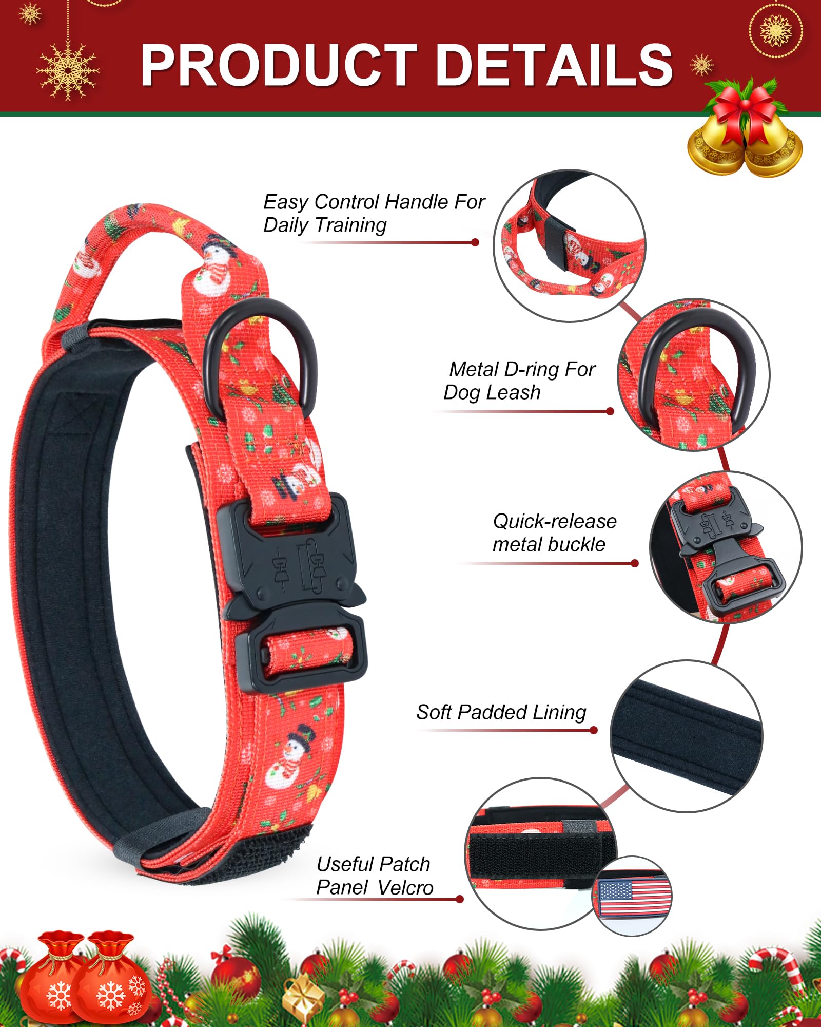 Hotsky Christmas Tactical Dog Collar, Adjustable Military Training Xmas Dog Collar With Handle And Have Duty Metal Buckle For Medium Large Dogs, With Airtag Holder And 2 Patches(L, Christmas Red)