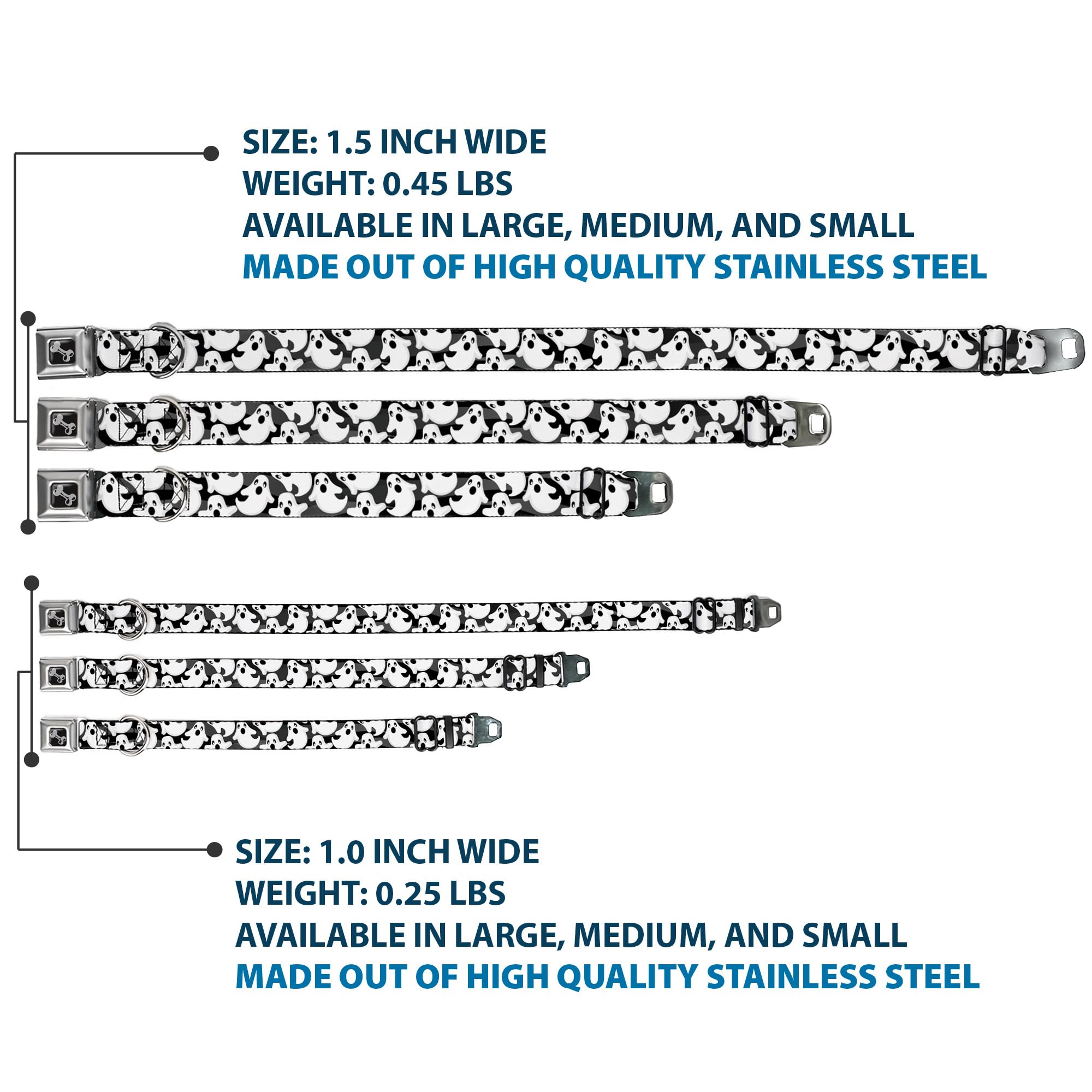 Dog Collar Seatbelt Buckle Ghosts Scattered Black White 13 To 18 Inches 1.5 Inch Wide