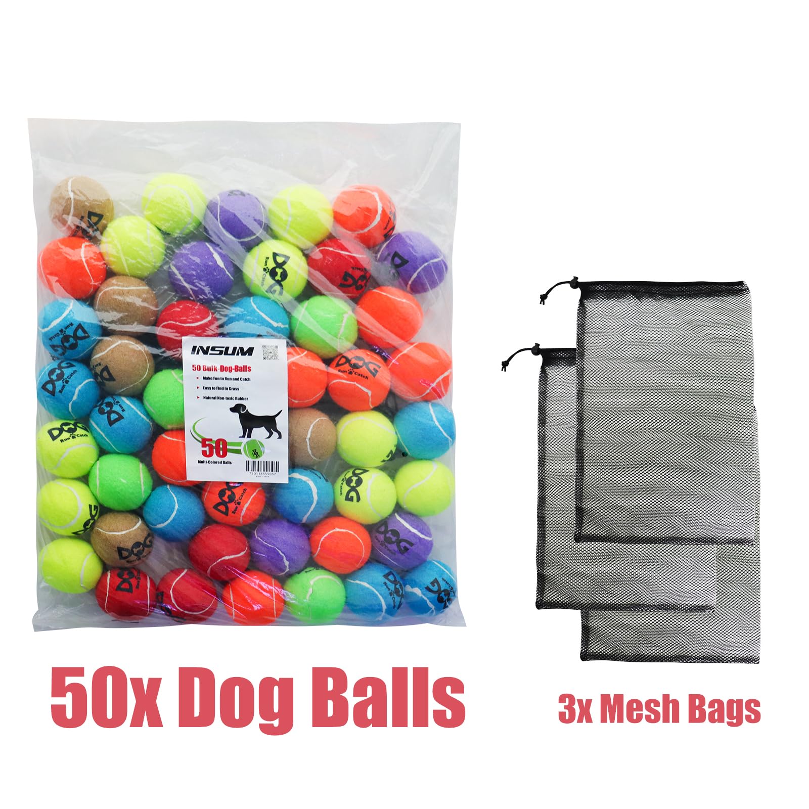 Insum Tennis Balls For Dogs - Bulk 50 Pack 2.5'' Durable Non-Toxic Outdoor Dog Toys Balls With Mesh Bag, Sgs Certified, Colorful