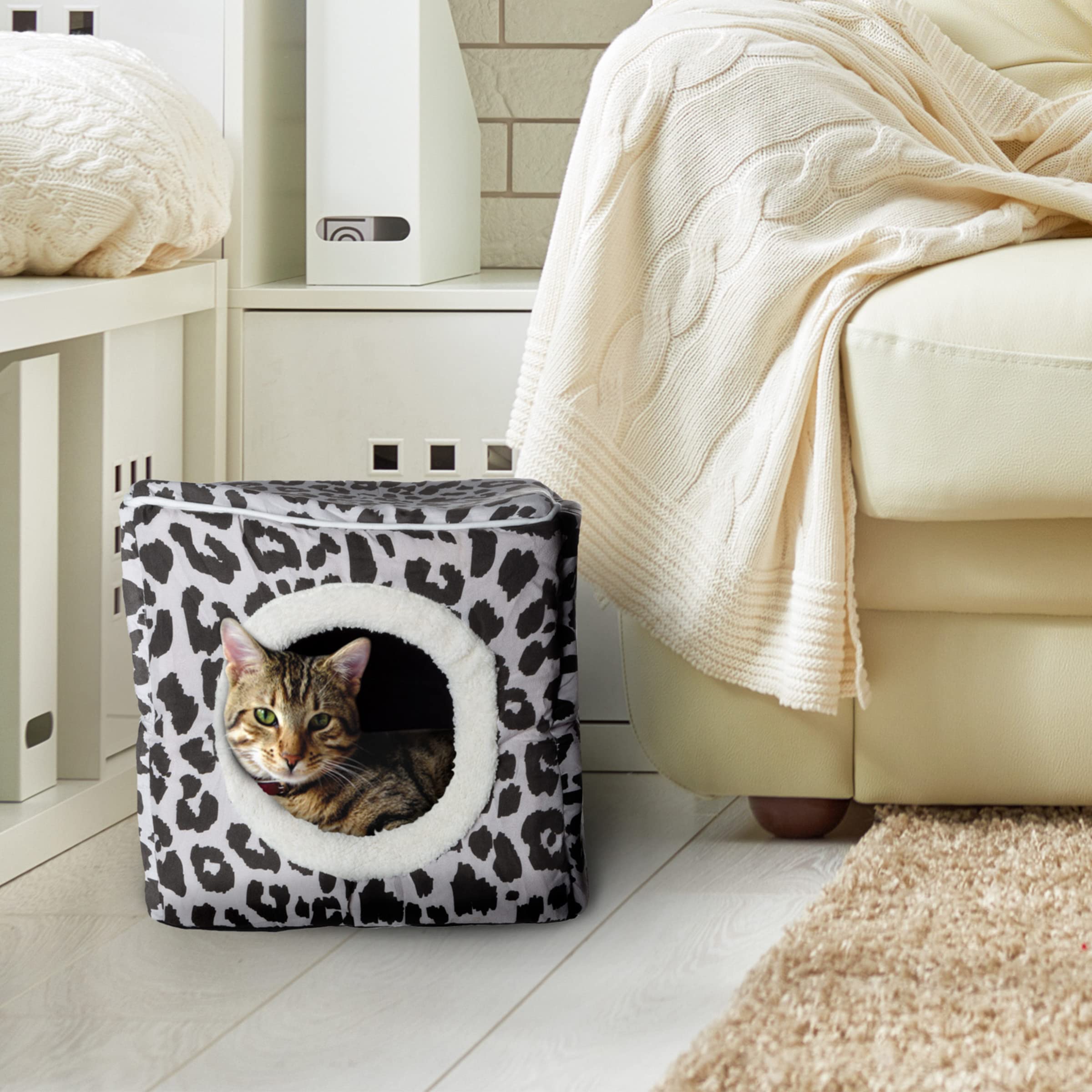 Cat Pet Bed Cave- Indoor Enclosed Covered Cavern/House For Cats Kittens And Small Pets With Removable Cushion Pad By Petmaker, Gray/Black Animal Print 13X12X12