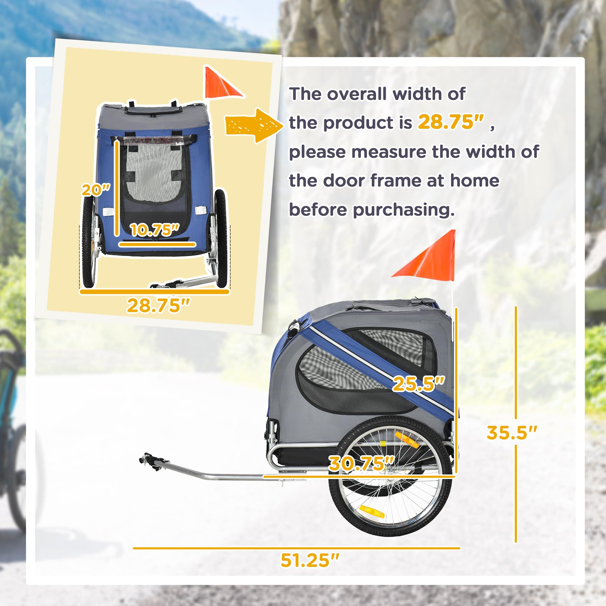 Aosom Dog Bike Trailer Pet Cart Bicycle Wagon Cargo Carrier Attachment For Travel With 3 Entrances Large Wheels For Off-Road & Mesh Screen - Blue/Grey