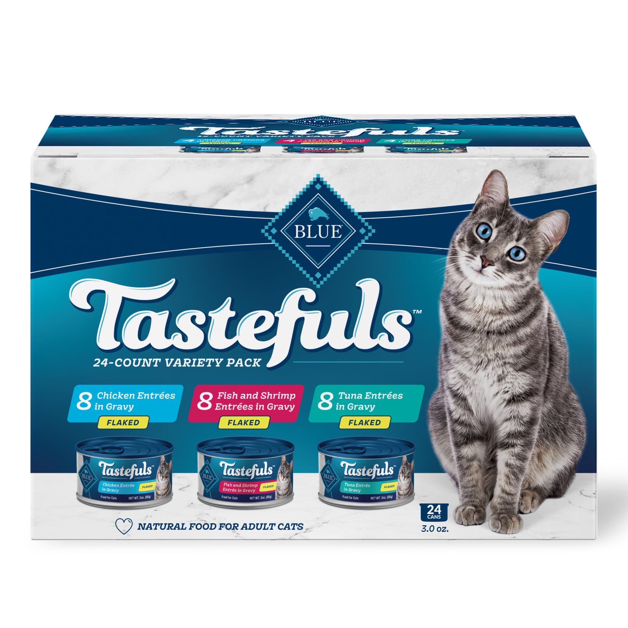 Blue Buffalo Tastefuls Natural Flaked Wet Cat Food Variety Pack, Tuna, Chicken and Fish & Shrimp Entr  es in Gravy 3-oz Cans (24